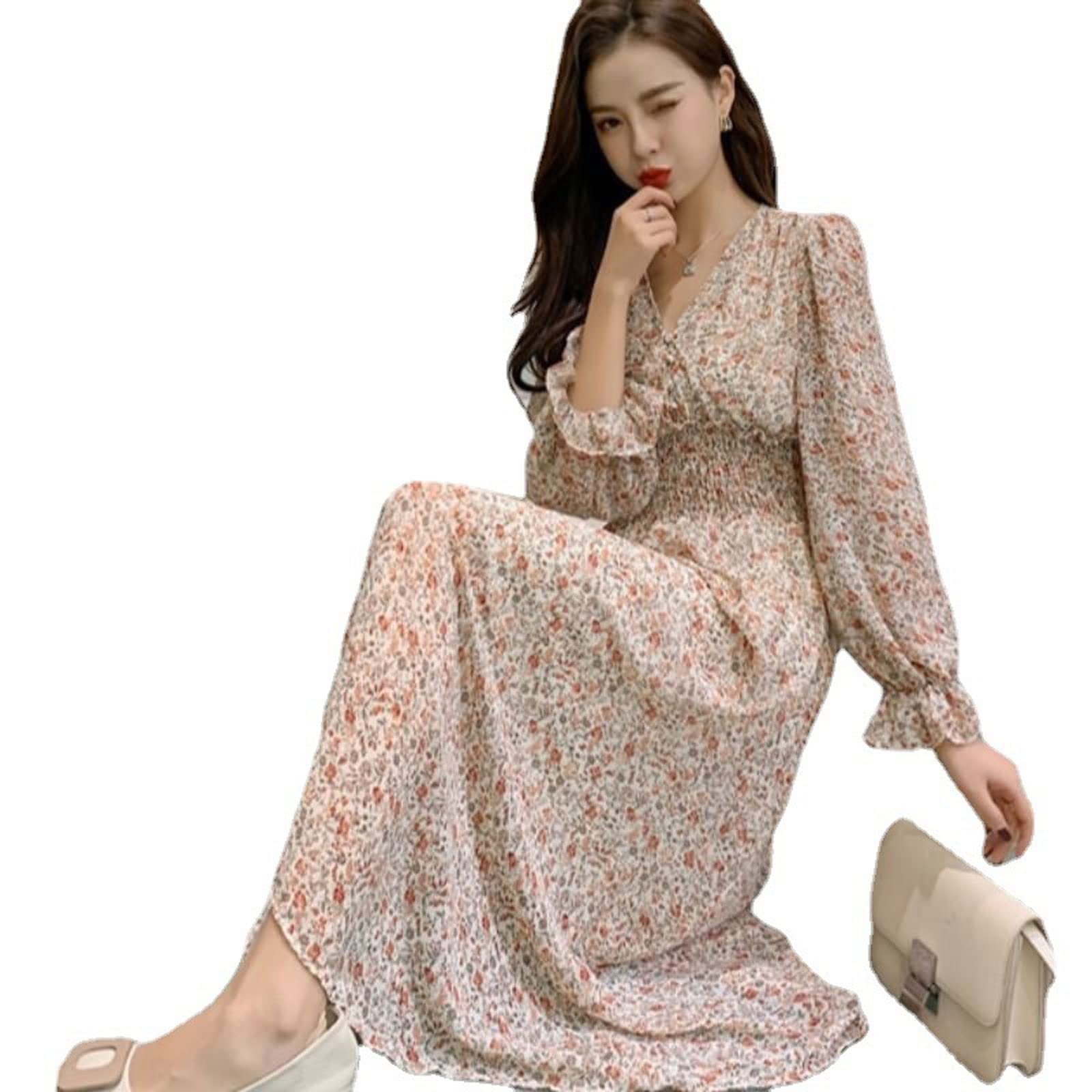 GIFTZUWomen's Wrap Up Dress, Dress Women Spring Elegant Tender Floral Princess Sleeve Folds Trendy V-neck Fairy French Style Romantic Mid-calf Female Cozy (Color : Pink, Size : S)