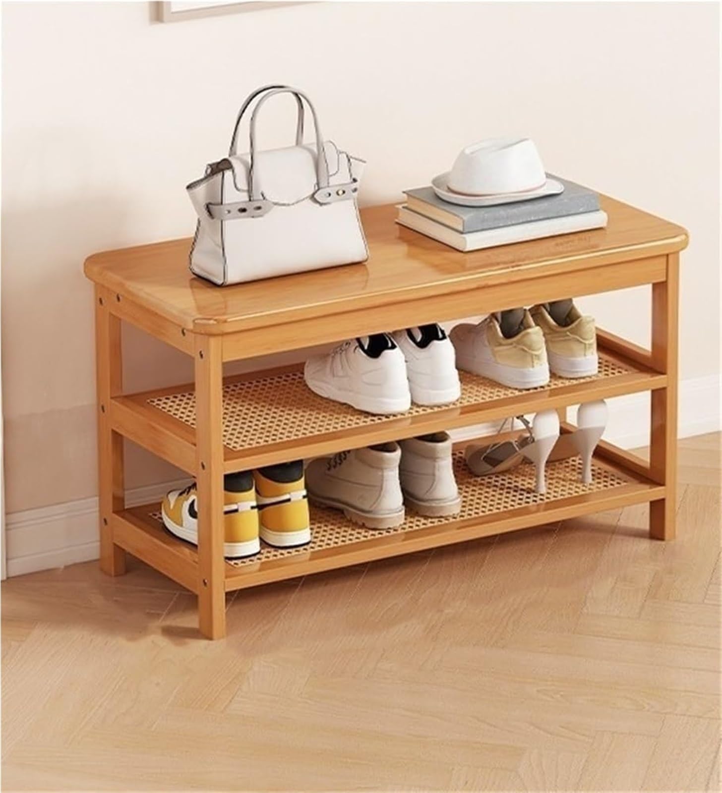 Banc à chaussures à 3 niveaux et étagère de rangement en laiton pour entrée