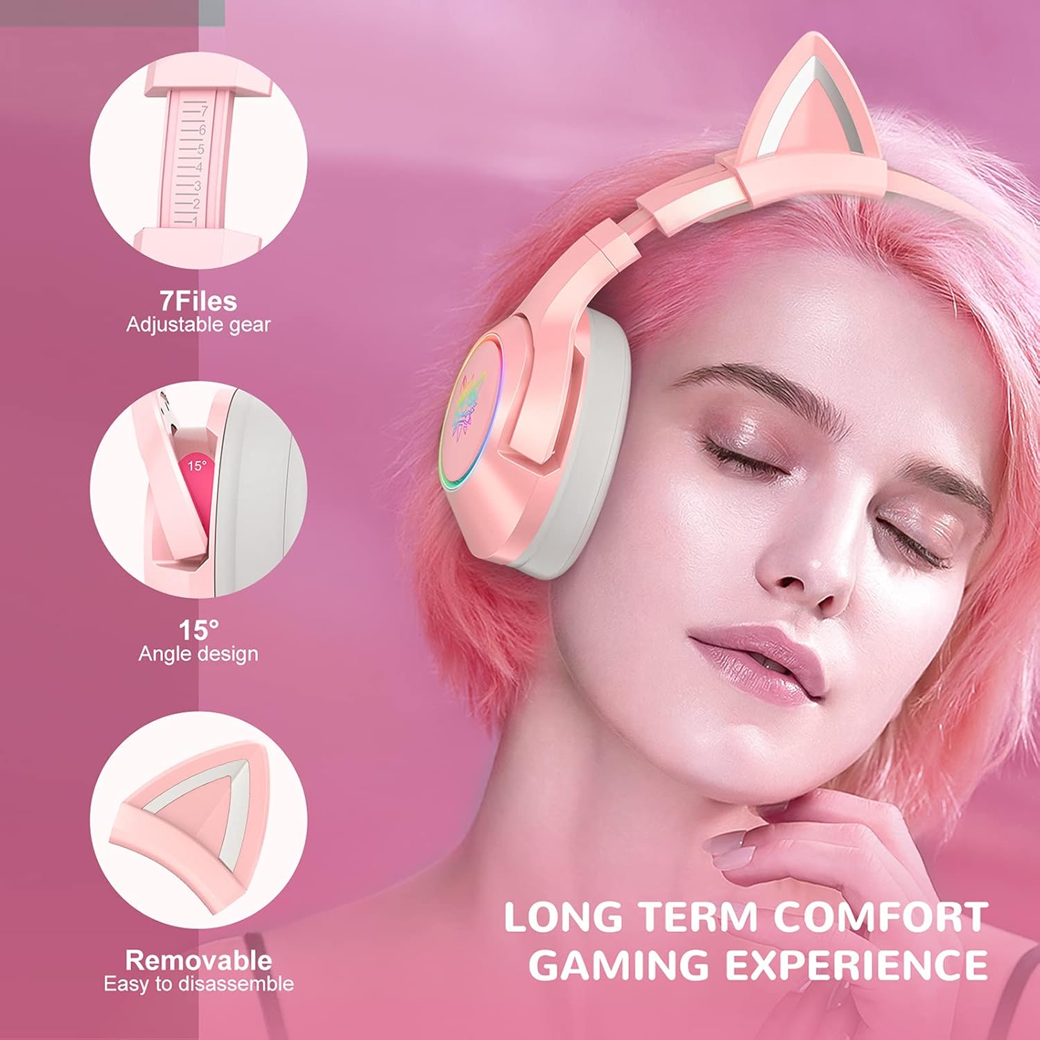 K9 3.5mm Wired Gaming Headset Removable Cat Ears Headphones Noise Canceling E-Sports Earphone with Microphone RGB LED Light Volume Control Mute Mic for Desktop PC