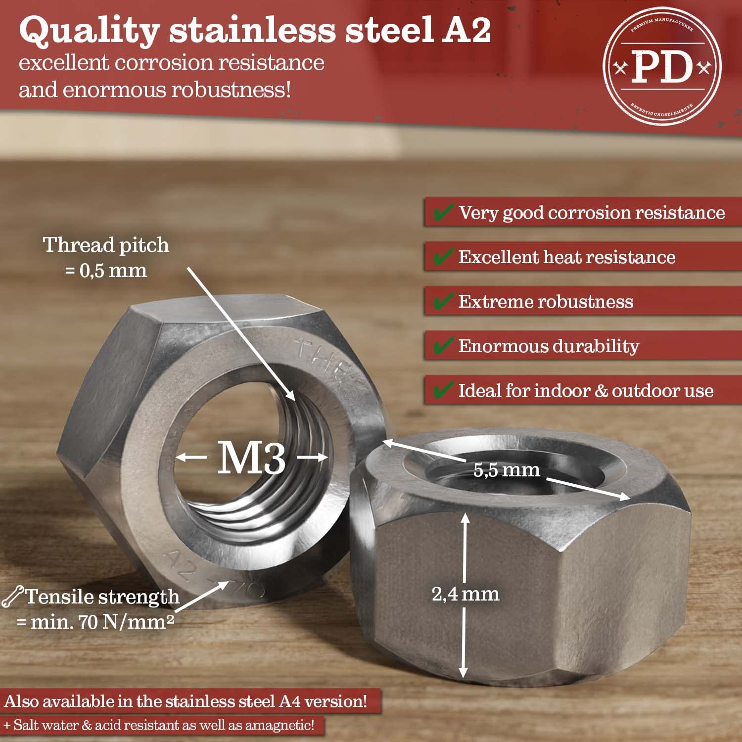 PD® Dadi M3 (DIN 934 / ISO 4032) | Dadi esagonali in acciaio inox A2 V2A | Hex Nut Dado acciaio inox per viti, bulloni filettati e barre filettate | 100 pezzi