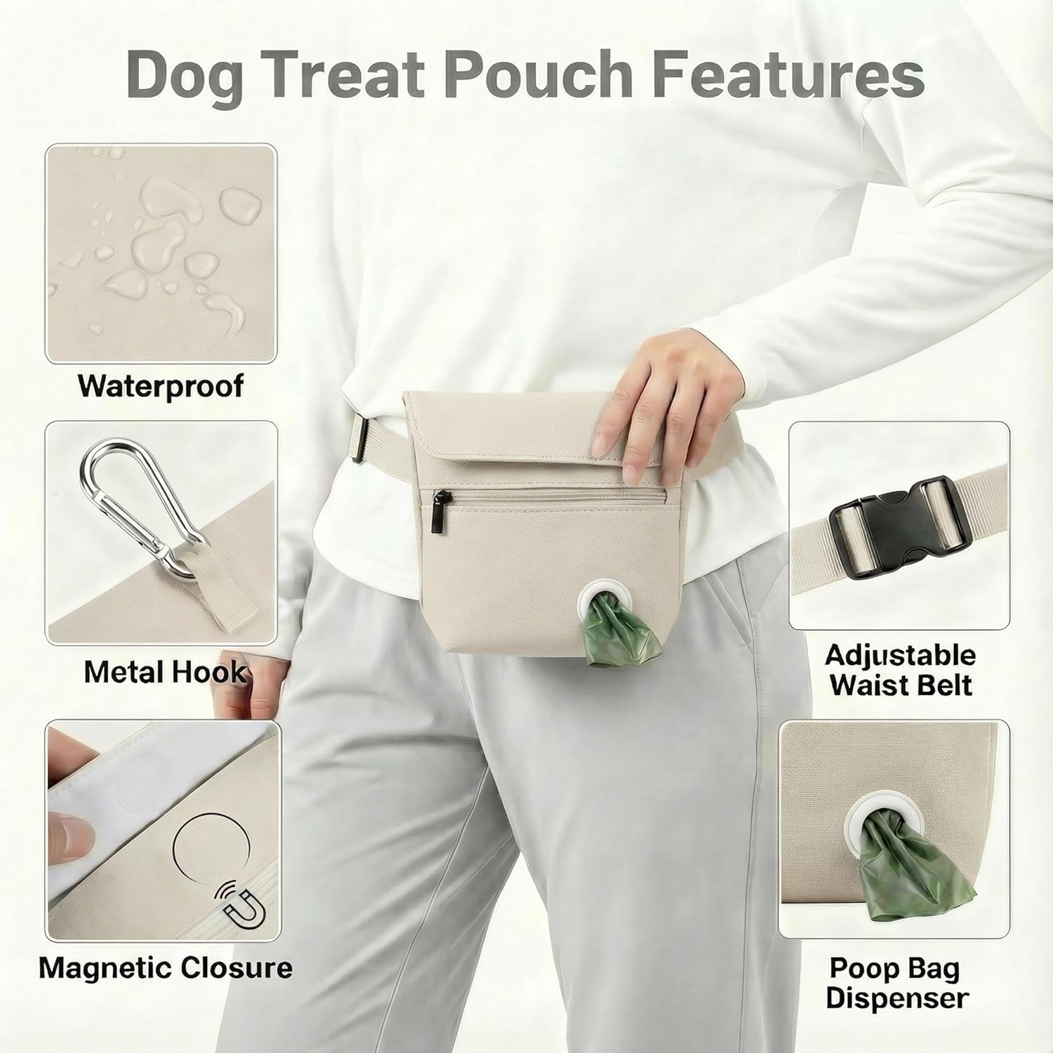 Dog Treat Pouch and Dog Training Clicker, Treat Bag with Poop Bag Dispenser, Powerful Magenetic Clasp, Metal Clip Waist Belt Fanny Pack for Pet Walk Dog Training (White)