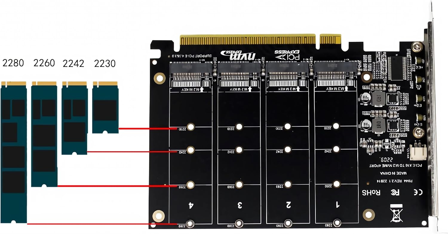 M.2 PCIE NVME Adapter Card, 4 x 64Gbps, 4 Port M.2 NVMe SSD to PCIE X16 M Key Hard Drive Converter Reader Expansion Card PC Internal Expansion Card