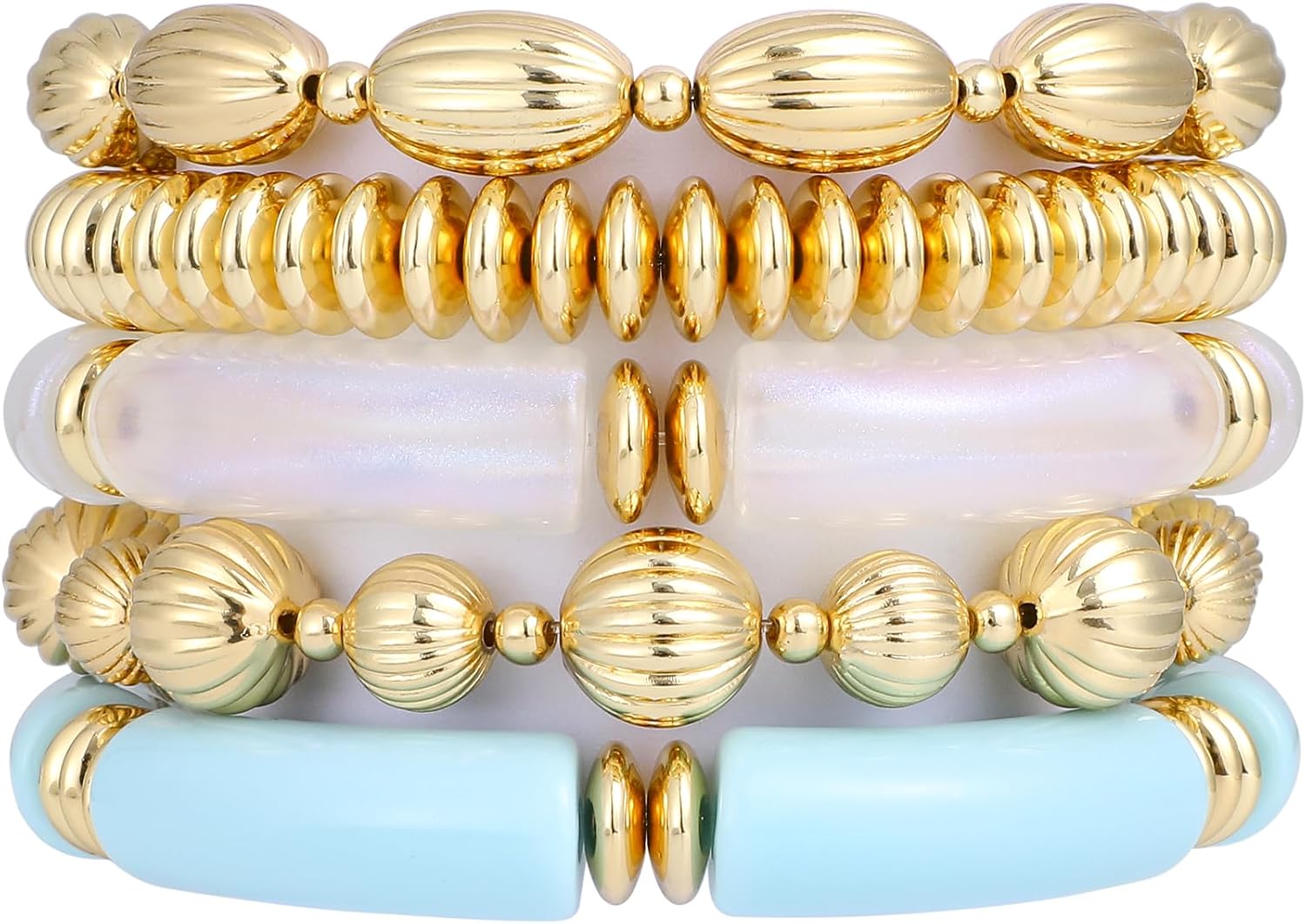 RISHEGAE Chunky Bangle Bracelets for Women Stackable Resin Bamboo Tube Bracelet Stretch Gold Beaded Bracelets Summer Beach Surfer Bracelets Gift Jewelry