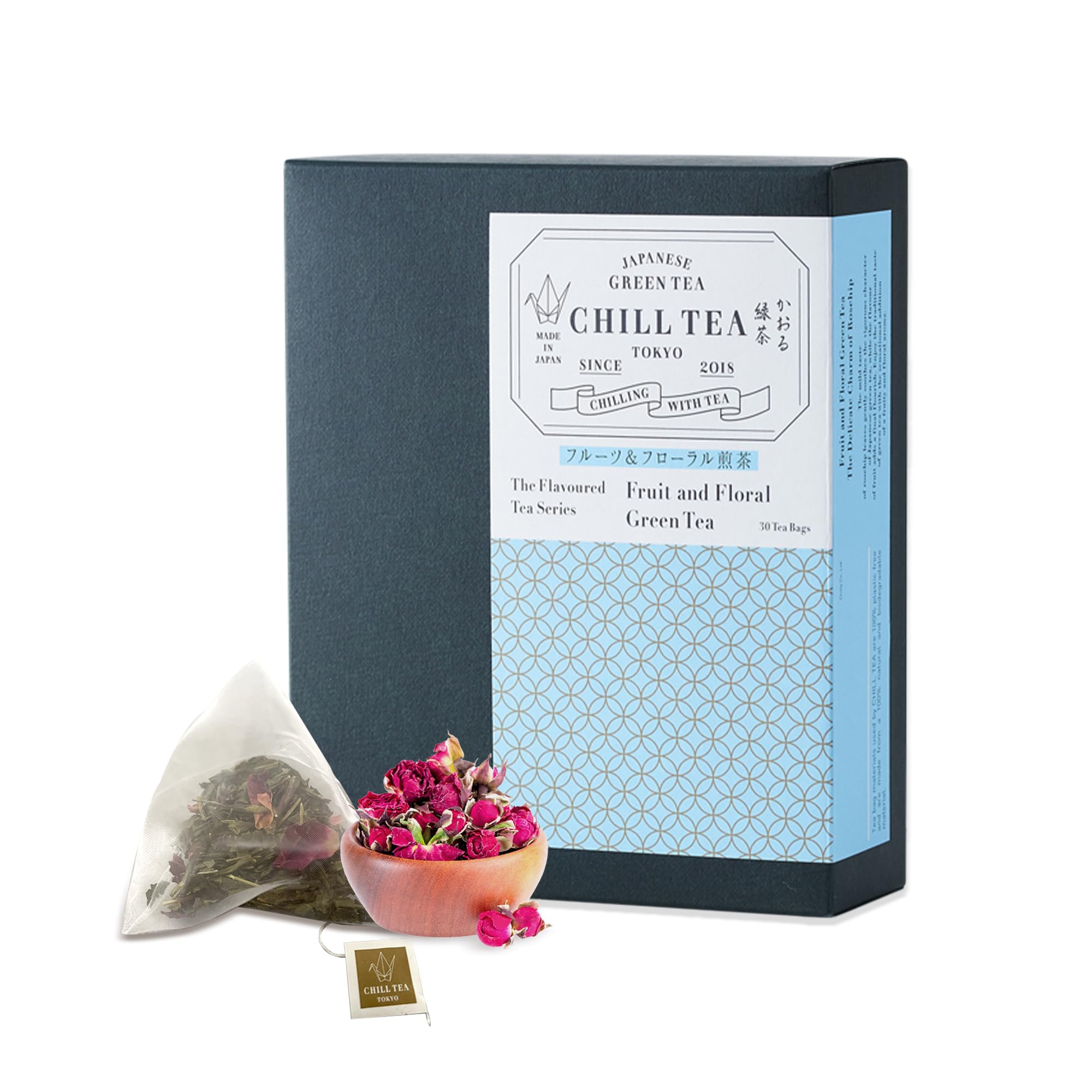 Fruit & Floral Green Tea Bags by CHILL TEA Tokyo (30 Tea Bags)- Japanese Tea, Loose Leaf Teabags, Flavoured Tea- Plastic-free, Plant-based tea bags, Fruit with Rosehip, Made in Japan