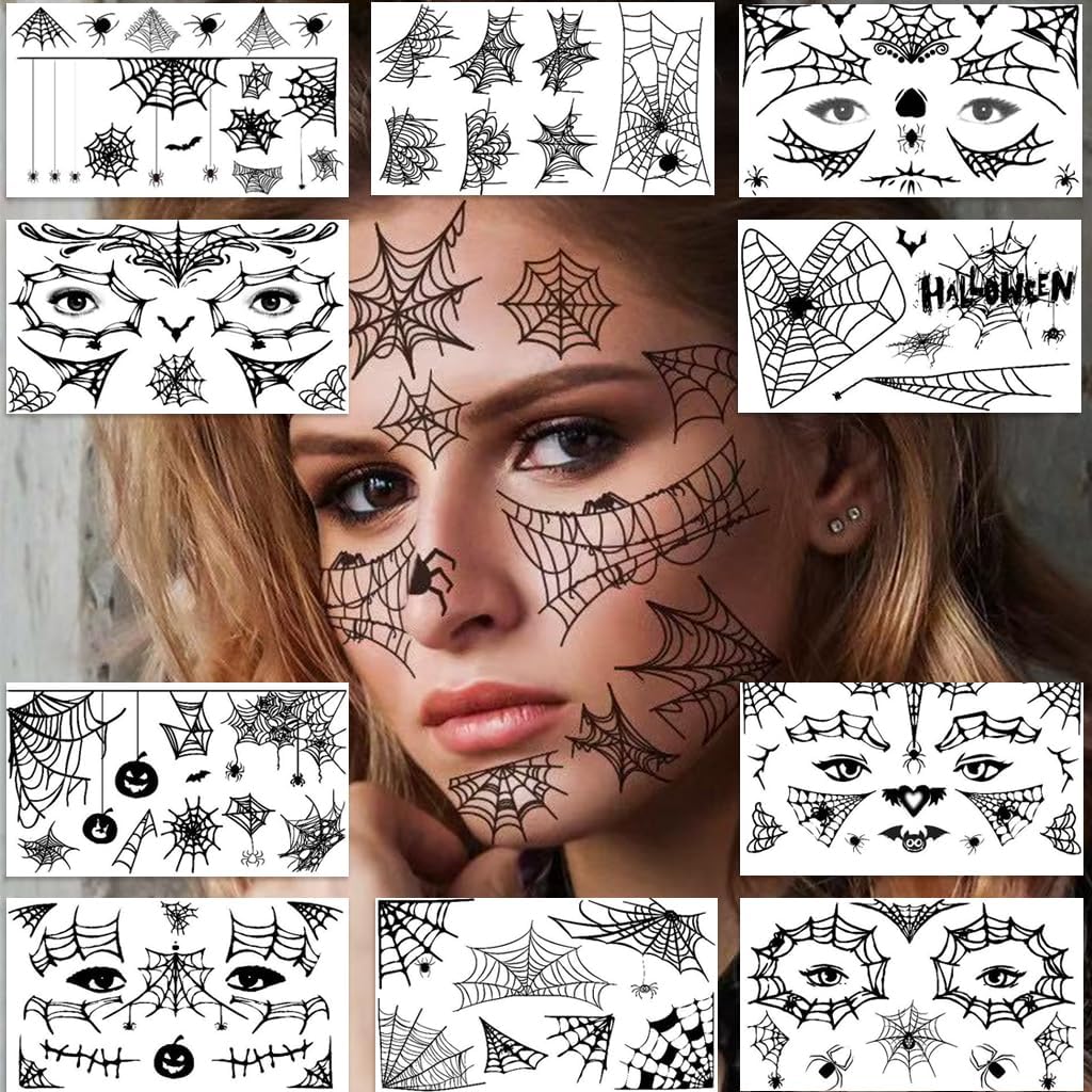 10 Sheets Large Halloween Temporary Tattoos 3D Spider Web Pumpkin Face Bat Spider Makeup Kit Halloween Scary Face Fake Tattoo Stickers for Women Men