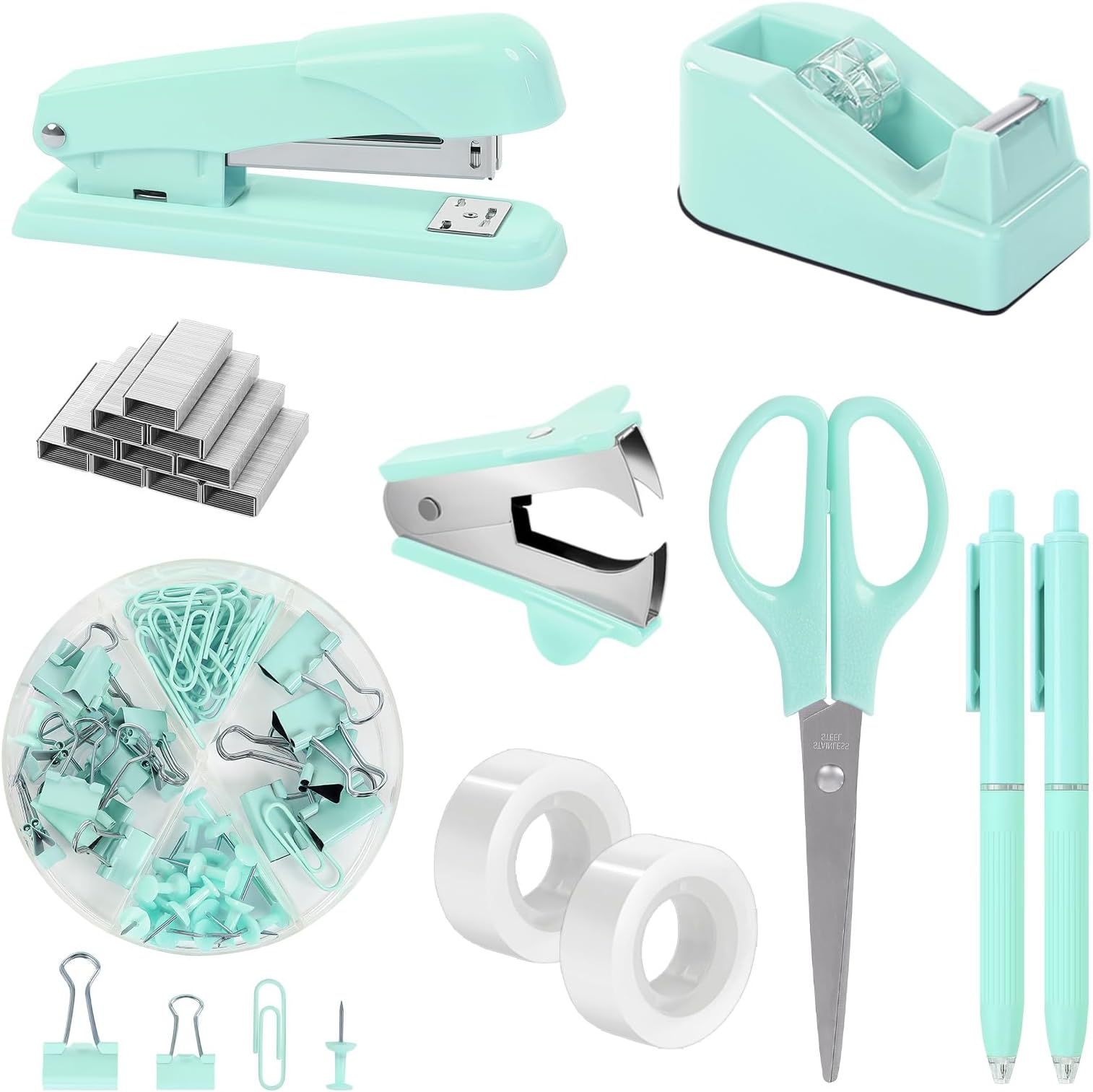 SKYDUE Teal Office Supplies Set - Desk Accessories, Stapler, Tape Dispenser, Scissors, Clips and 1000pcs Staples for Teachers