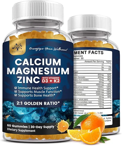 (2 Pack) Calcium Magnesium Zinc Gummies with Vitamin D3, K2, B12 & B6 for Adults, Sugar Free Magnesium Glycinate with Potassium Sea Moss Supplement, Calcium Citrate for Bone Mood & Sleep Support