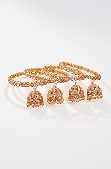 Traditional Gold-Plated Kundan Bangles with Pearl Jhumka, Set of 4