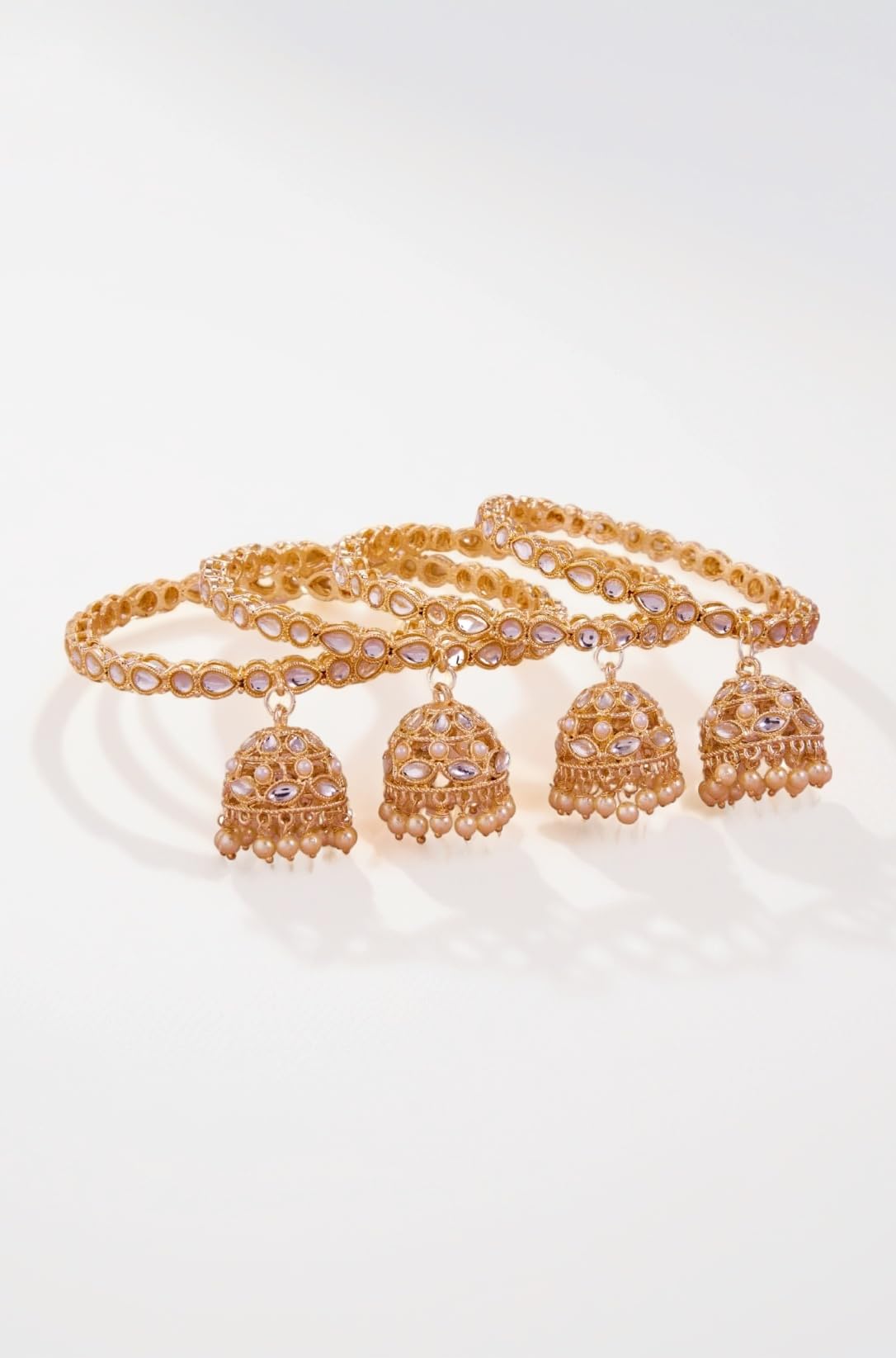 Traditional Gold-Plated Kundan Bangles with Pearl Jhumka, Set of 4