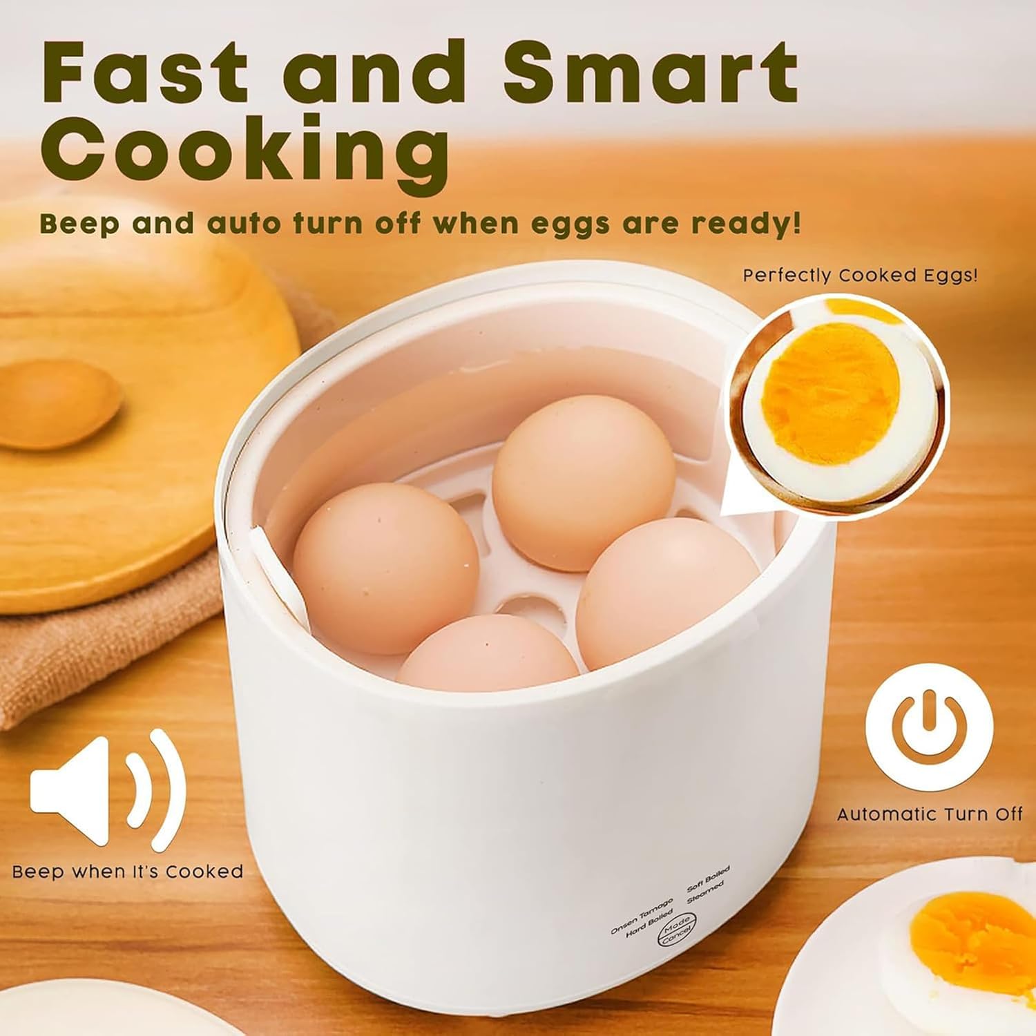 Electric Egg Cooker Boiler, Rapid Egg Cooker, Egg Poacher with Auto Power-Off and Beep Alarm Holds 4 Eggs, for Steamed/Hard Boiled/Soft Boiled Eggs/Onsen Tamago