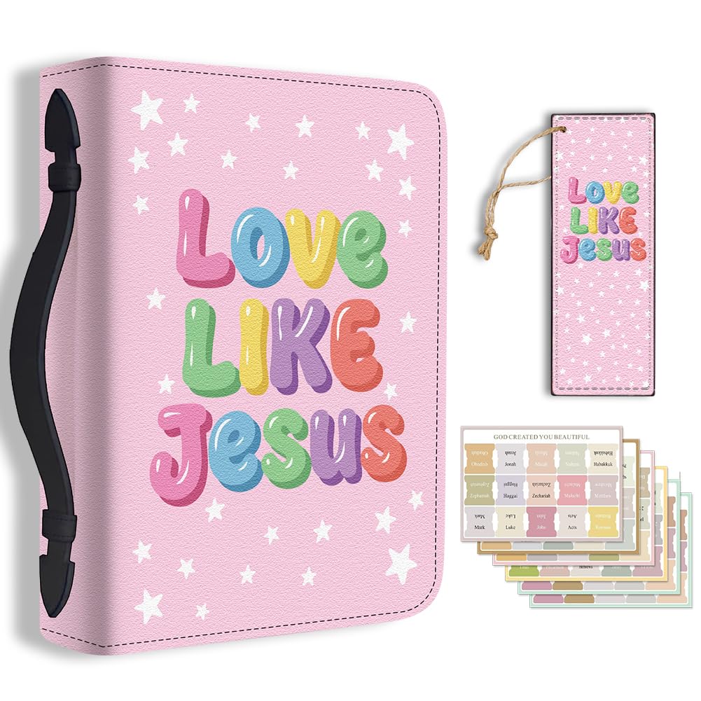 TNKBREEZE Women's Bible Cover Cute Pink PU Leather Book Carrying Bag with Bookmark Love Like Jesus Inspirational Bible Verse Book Case with Handle Zipper Christian Gift Church Study Supply11.2x8x2.3in