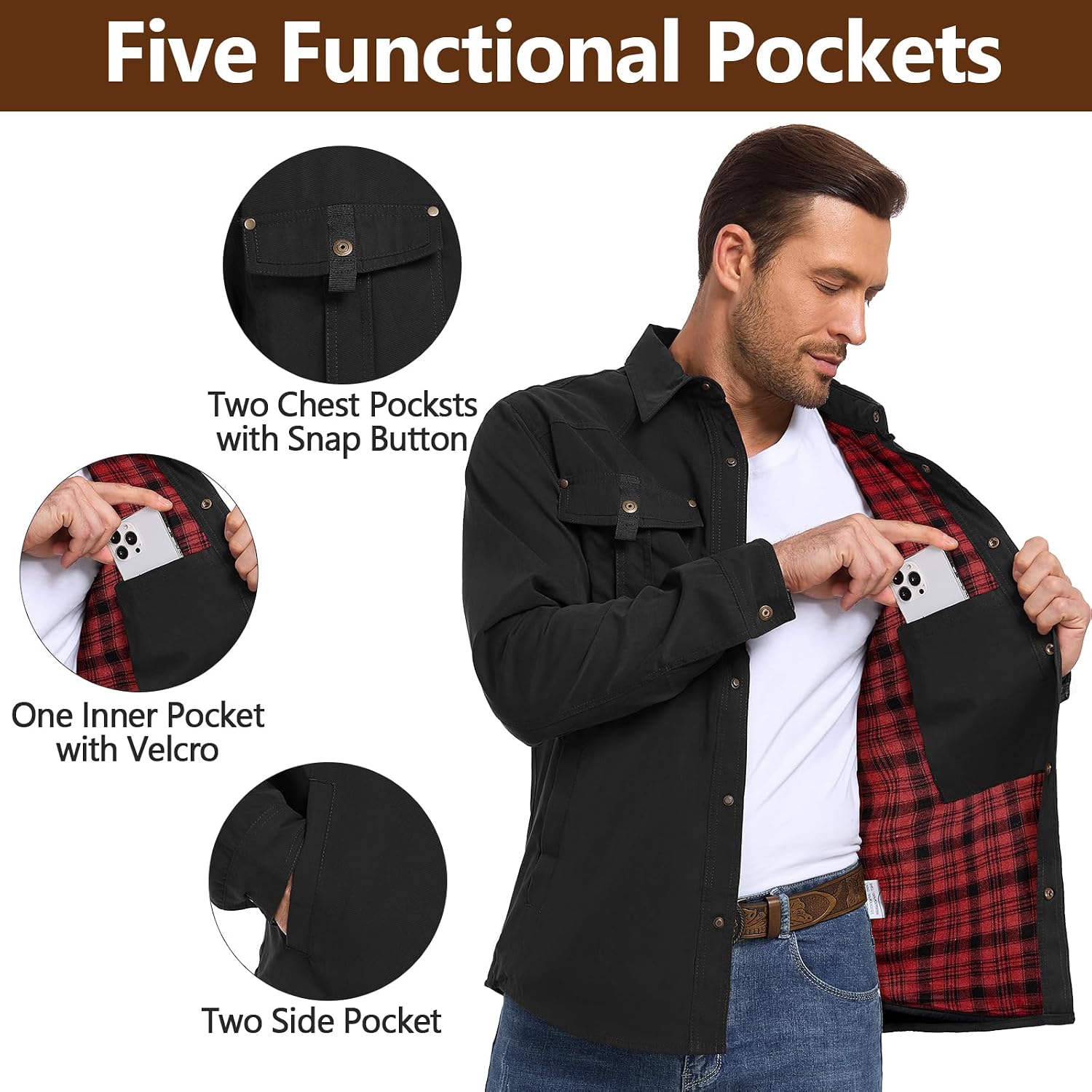 Flannel Shirt Jacket for Men - Long Sleeve Plaid Lined Flannel with Pockets Western Cowboy Shirt Jacket