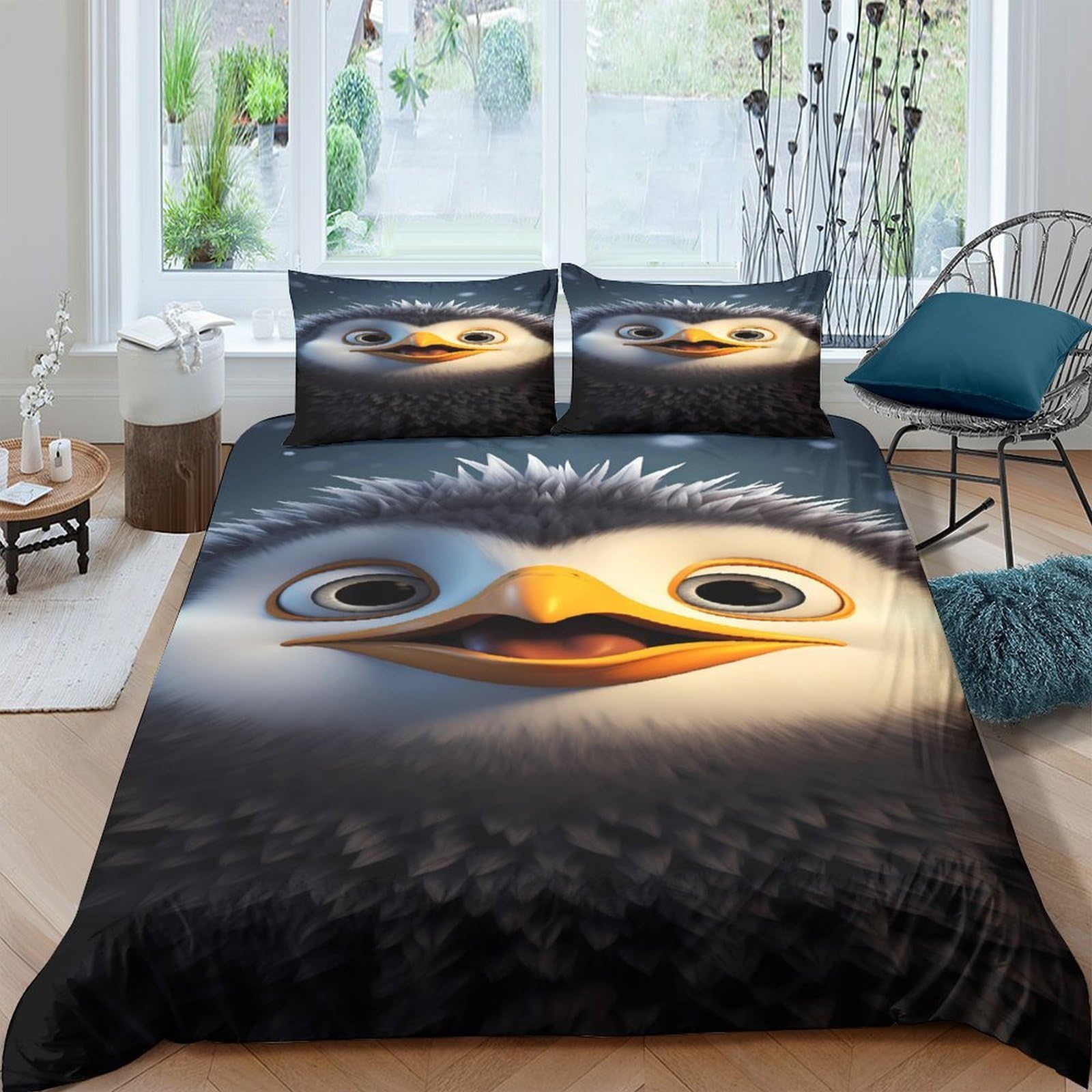 GPLZQXKJNH 3D Printed Cute Penguin Duvet Cover Microfiber Soft Breathable Cartoon Animal Bedding Set with 2 Pillowcases for Bedroom Decor Single（135x200cm）