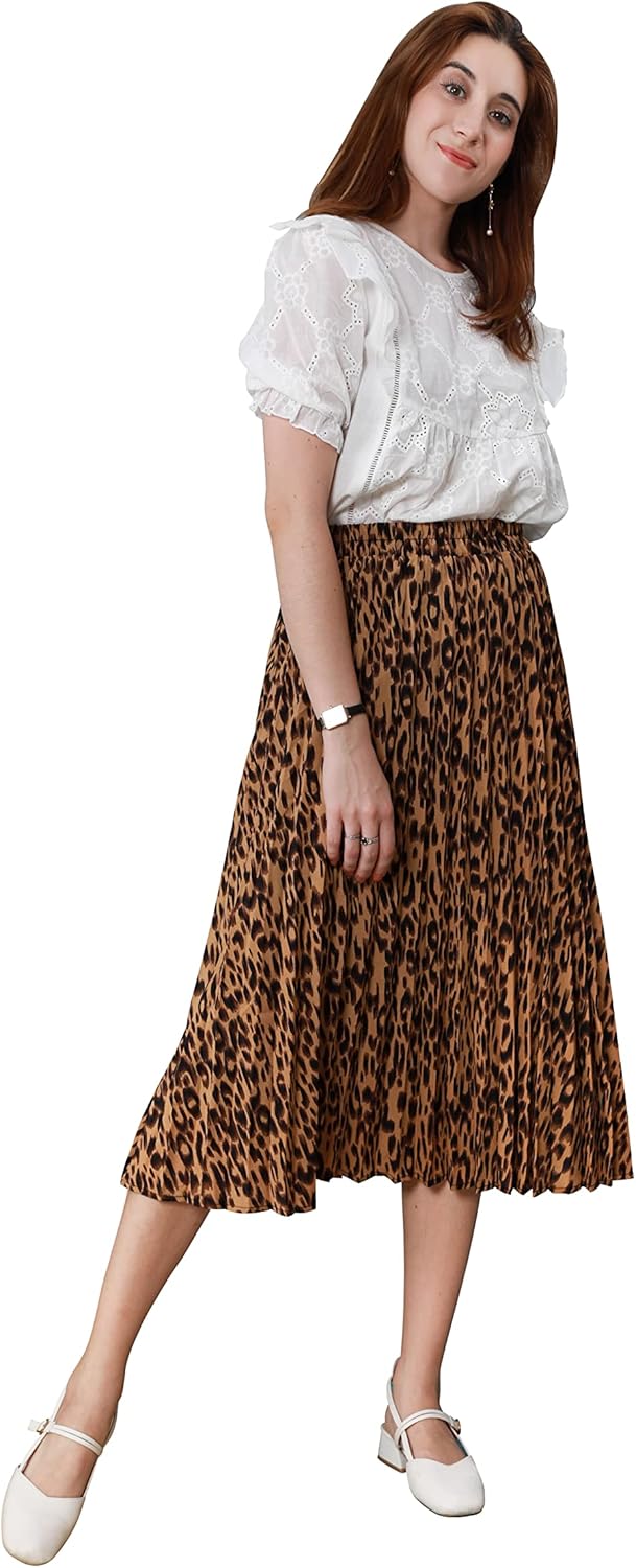CHARTOU Womens Chic Elastic High Waisted A Line Leopard Print Pleated Shirring Midi-Long Skirt - Image 3