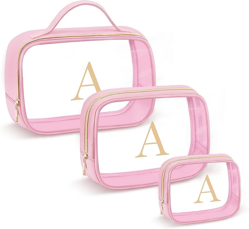 Necessaire de viagem transparente YOOLIFE com inicial, rosa, modelo A, conjunto com 3