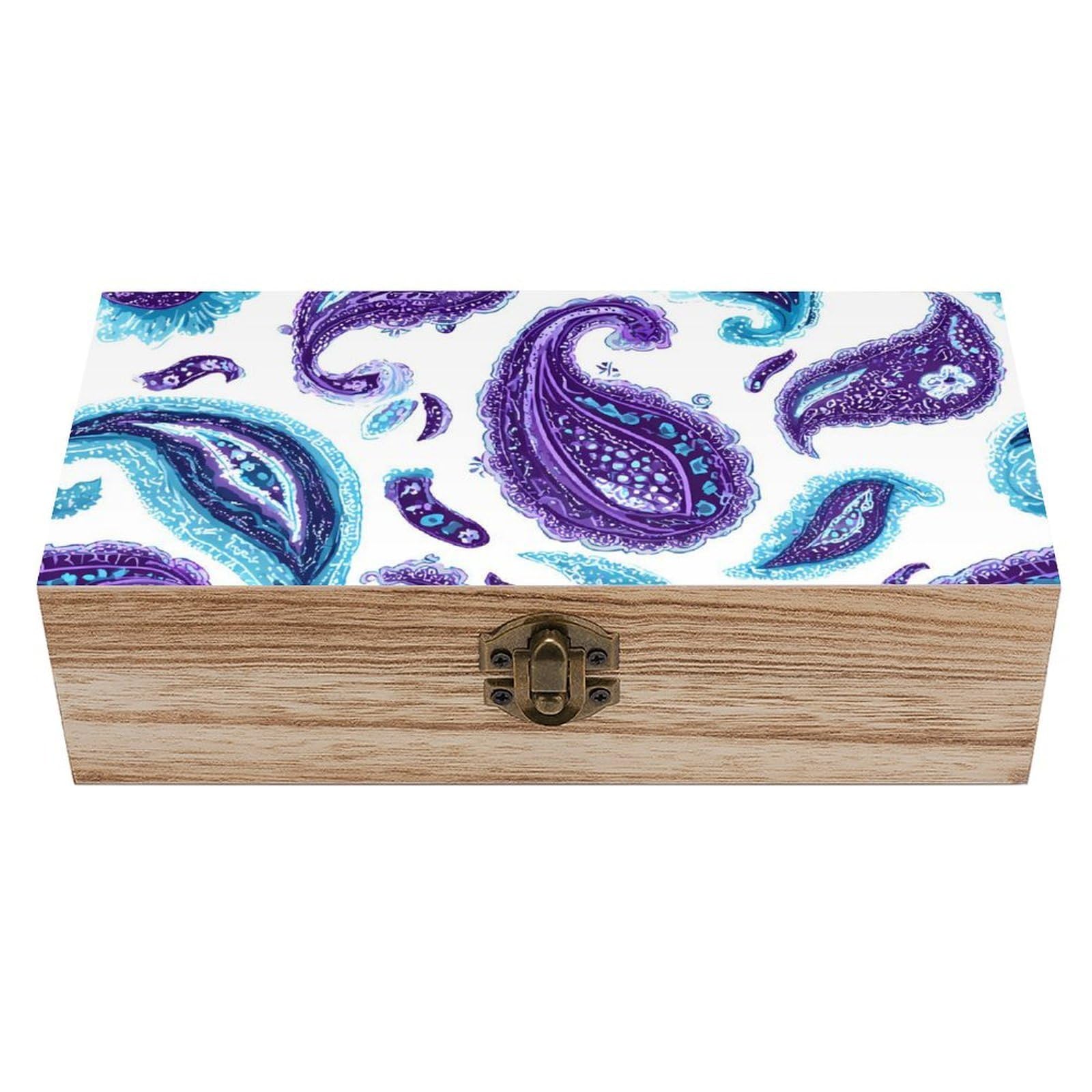 HLBSDM Paisley Flowers Leaves Wooden Box with Hinged Lid Decorative Storage Case Container
