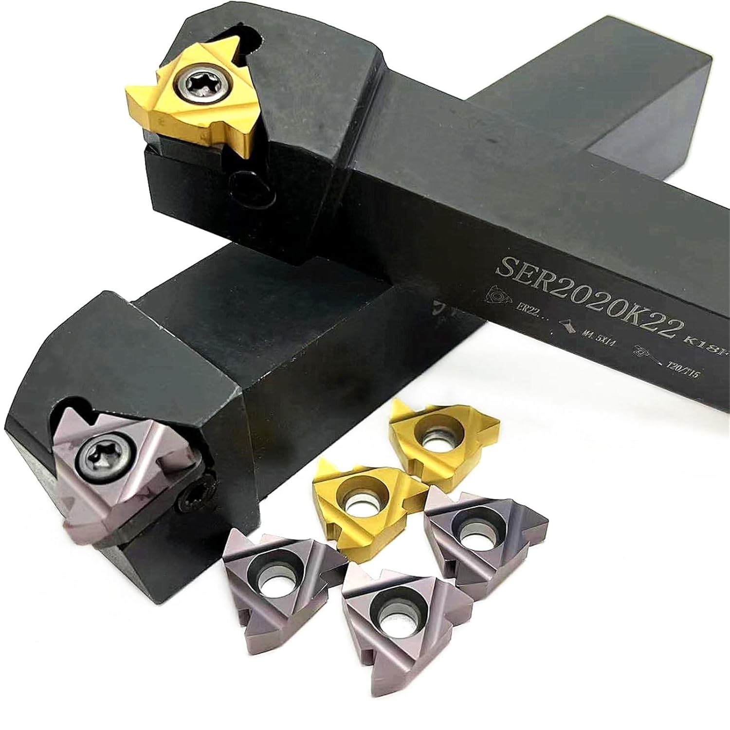 1pcs SER2020K22 SER2525M22 CNC Lathe Threading Turning Tool Set External Thread Turning Tool Holder + 10pcs MMT22ER AG60 Threading Indexable Turning Inserts(MMT22ER AG60 UE6020,SER2020K22)