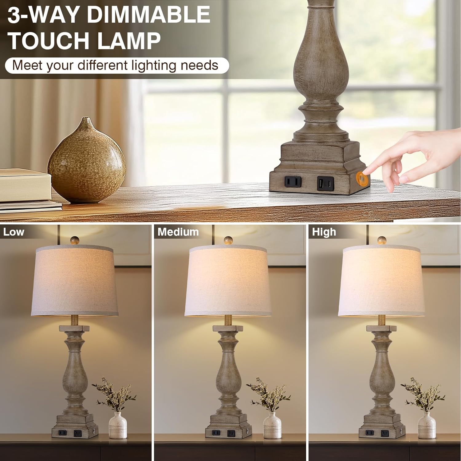 28" tall farmhouse table lamp with usb c+a ports and ac outlet, 3 way touch control rustic bedside lamp for bedroom, brown vintage nightstand lamp for living room office brown-1pack