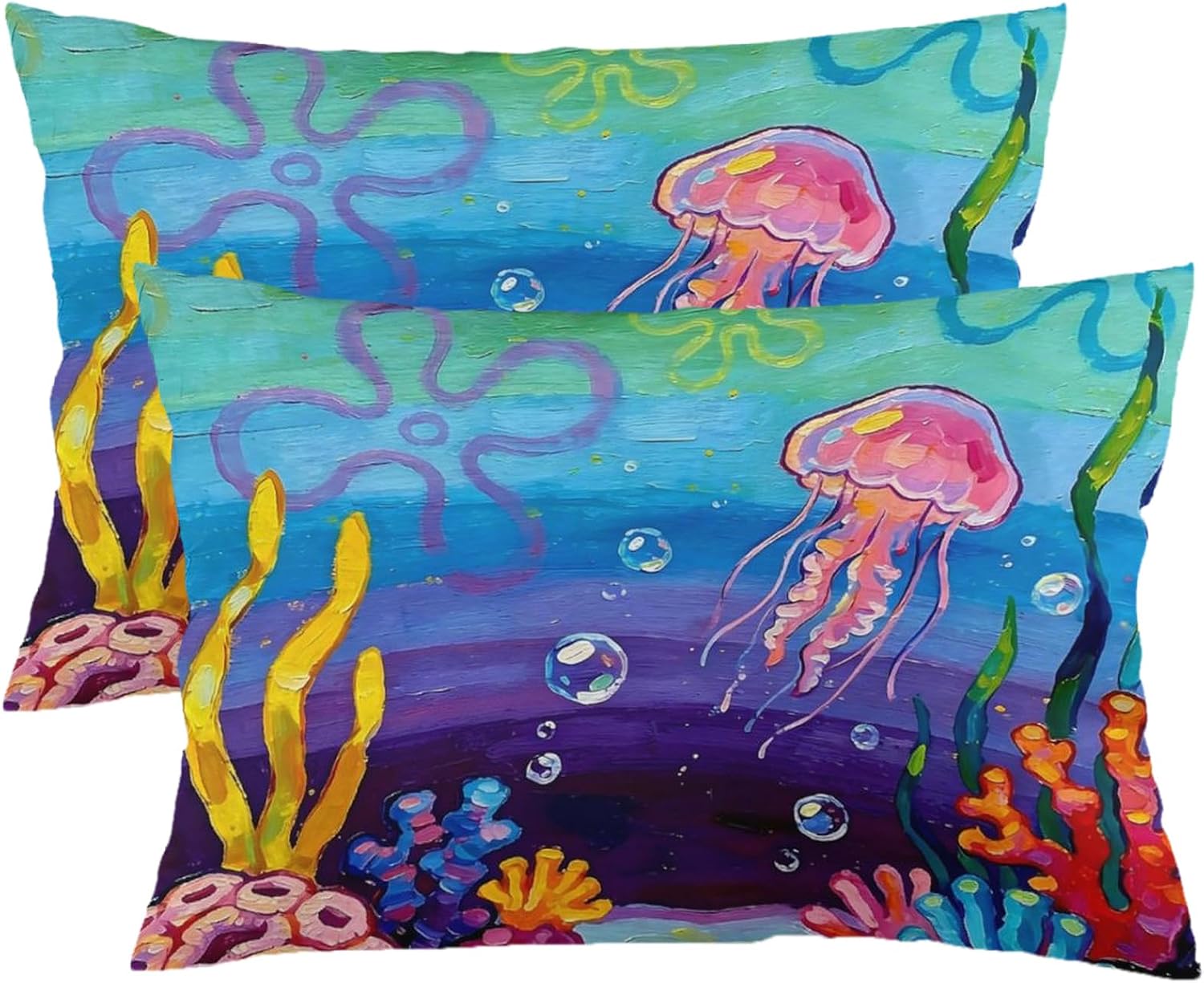 Cute Beach Ocean Pillow Cases Queen Size Set of 2 Sea Ocean Anime Pillowcases with Zipper Cute Jellyfish Underwater Sea Throw Pillow Cover Decorative Shams Cushion Covers for Bed Couch 20x30