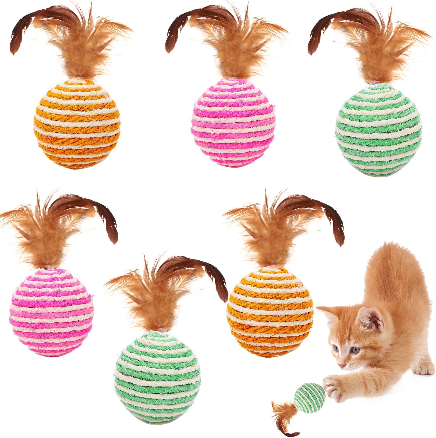 DHANAK Sisal Ball | Interactive Kitten Training Feather Toy | Scratch Resistant | Multipurpose Interactive Ringing Ball Toy for Cats, Feather Toy Catnip (Pack of (4)