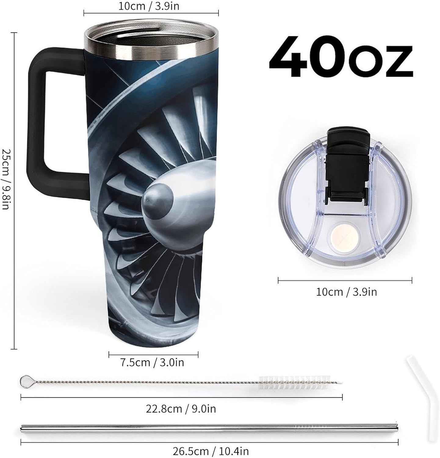 Large Car Cup with Handle&Lid Fashion Jet Engine Tumbler Sturdy Insulated Water Bottle Stainless Steel Vacuum Travel Mug Portable Coffee Cup for Home Outdoor 40 Oz Black-style
