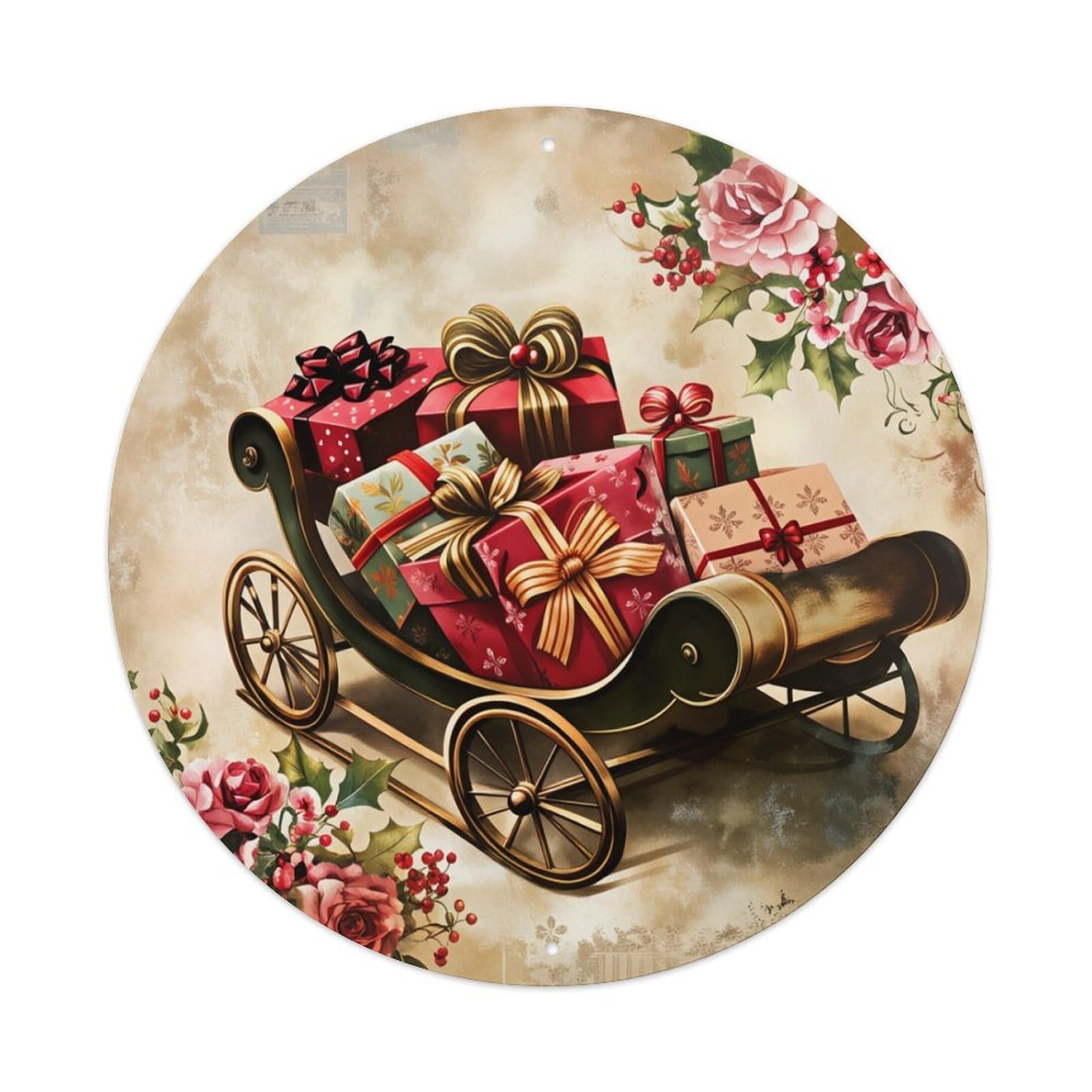 Christmas Sleigh Gifts Roses Holly Round Tin Sign Retro Metal Sign for Cafe Bar Pub Home Game Room Gym Club Wall Decoration Vintage Metal Poster 8x8 Inch