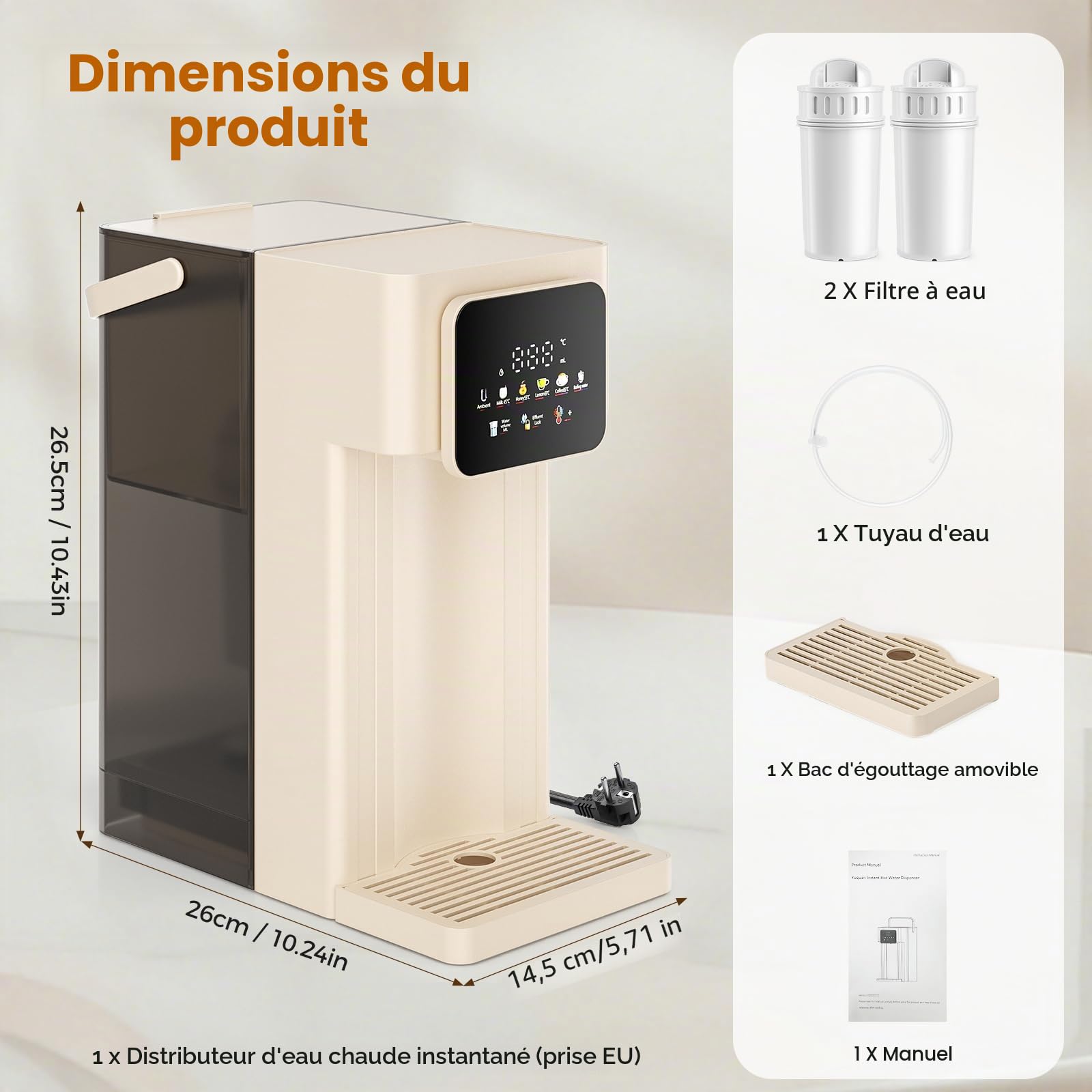 Distributeur d’eau chaude avec filtre, réservoir de 3 L, 12 niveaux de température (25–99°C) et 8 volumes d’eau (150–500ml), écran tactile LED et Le lien avec l'eau en bouteille, pour maison, bureau