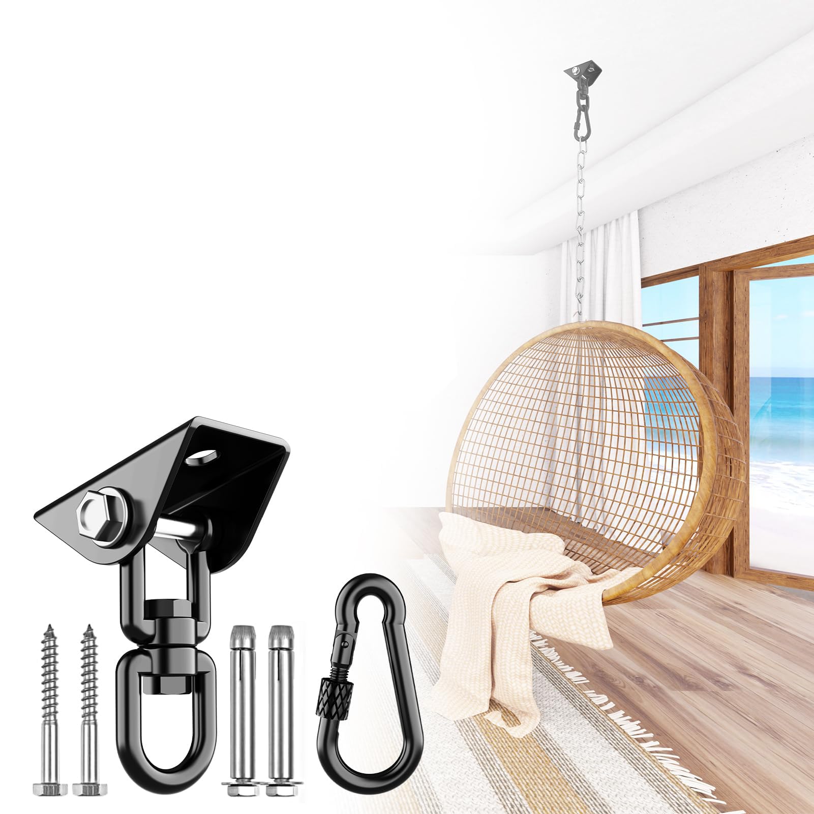 Hammock Hanging kit,360°Rotating 1000 lb Capacity Heavy Duty,Hanger & Swing Hook Snap for Concrete Wood,Hammock,Veranda Seat,Chair,Swing Sets,Yoga and Gym(Black)