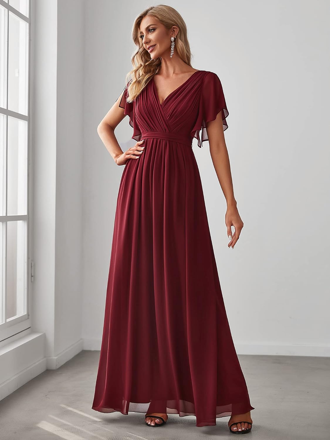 Ever-Pretty Women's Bridesmaid Dress V-Neck Ruffle Sleeves Ruched Bust Floor Length Chiffon Formal Dresses 0164A - Image 5