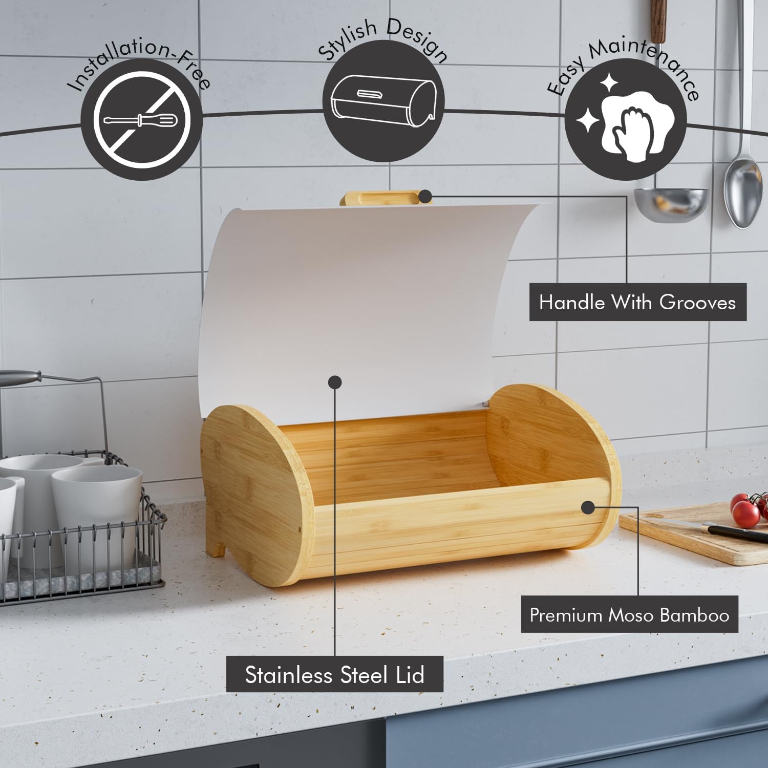 Modern Bread Box for Kitchen Countertop, Bamboo Storage Container with Stainless Steel Lid, Bread Storage Bin for Homemade Bread, Kitchen Storage Container for Potato and Onion and Fruit (White Large)