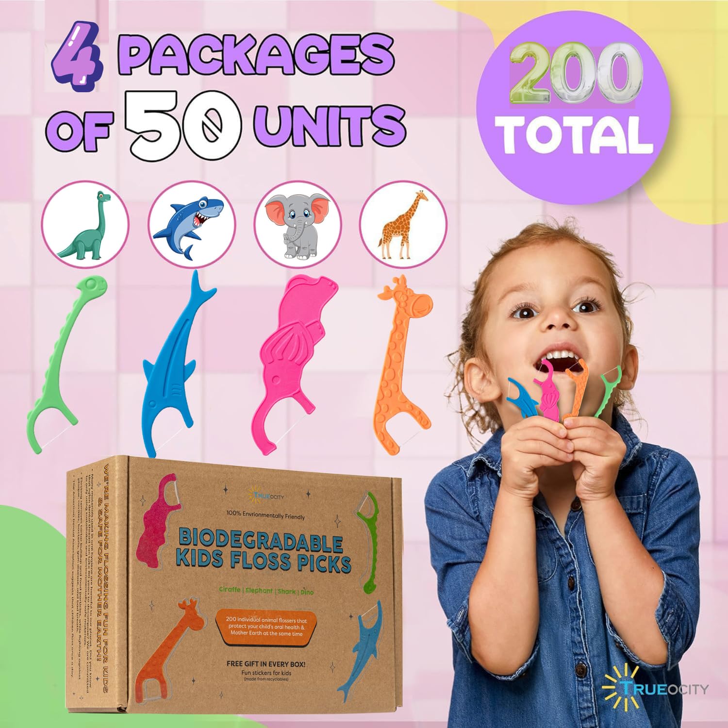 Kids Flossers 4 Pack (200 Total) - Orange Flavor Dental Floss Picks for Children, Kids Floss Picks Cute Animal Shape | Natural