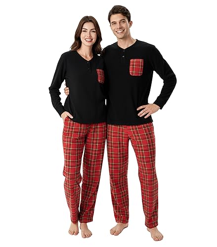 DAVID ARCHY Cozy Christmas Pajamas for Couples Ultra Soft Warm Fleece Winter Pjs Sets Men Women Plaid Loungewear with Pockets - Men - Medium - Black Top + Checkered Pants