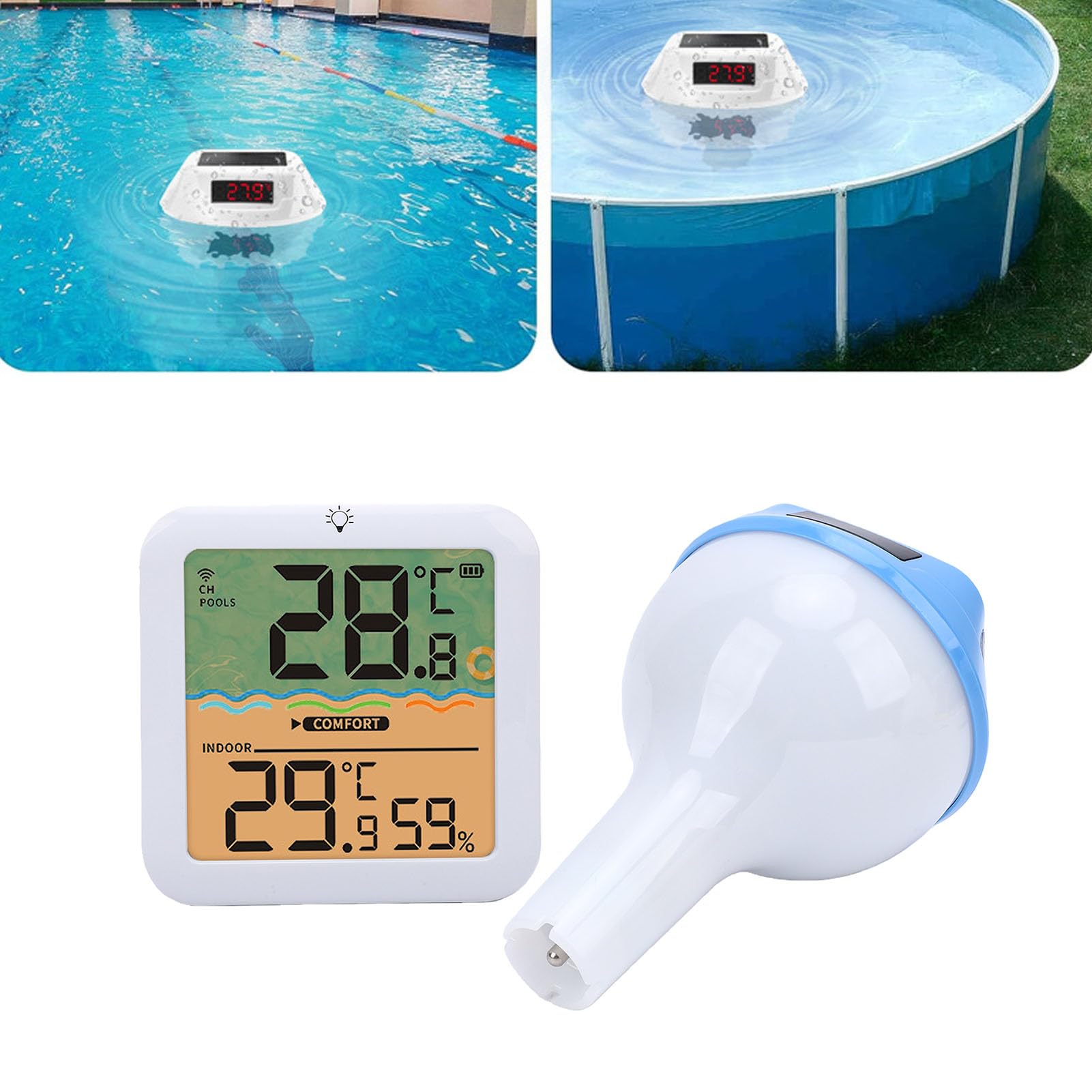 LICAEVEY Termómetro Solar Digital para Piscina con Luz RGB, Pantalla Clara para Temperatura Interior y Exterior, Termómetro de Agua Inalámbrico Flotante, Fácil Lectura (BLUE)