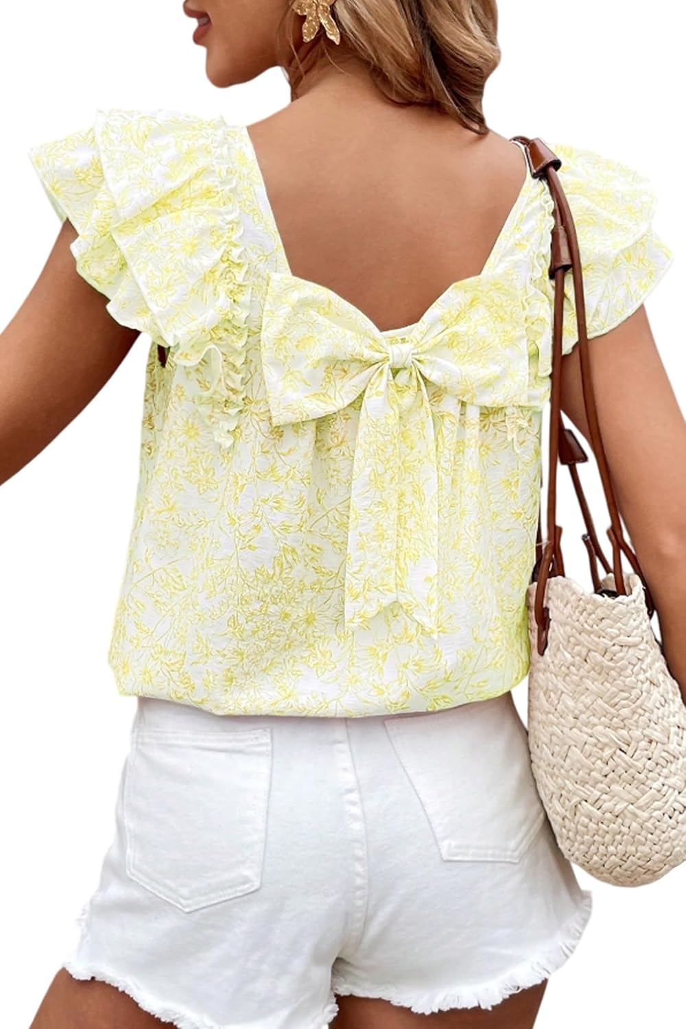 Women's 2026 Summer Top Ruffle Butterfly Sleeve Square Neck Bow Knot Textured Shirt Casual Blouses