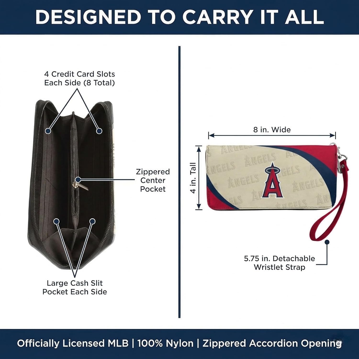 Littlearth MLB Los Angeles Angels of Anaheim Curve Zip Organizer Wallet, Wristlet and Wallet in One, Team Color, 8 x 4 x 1 Inches