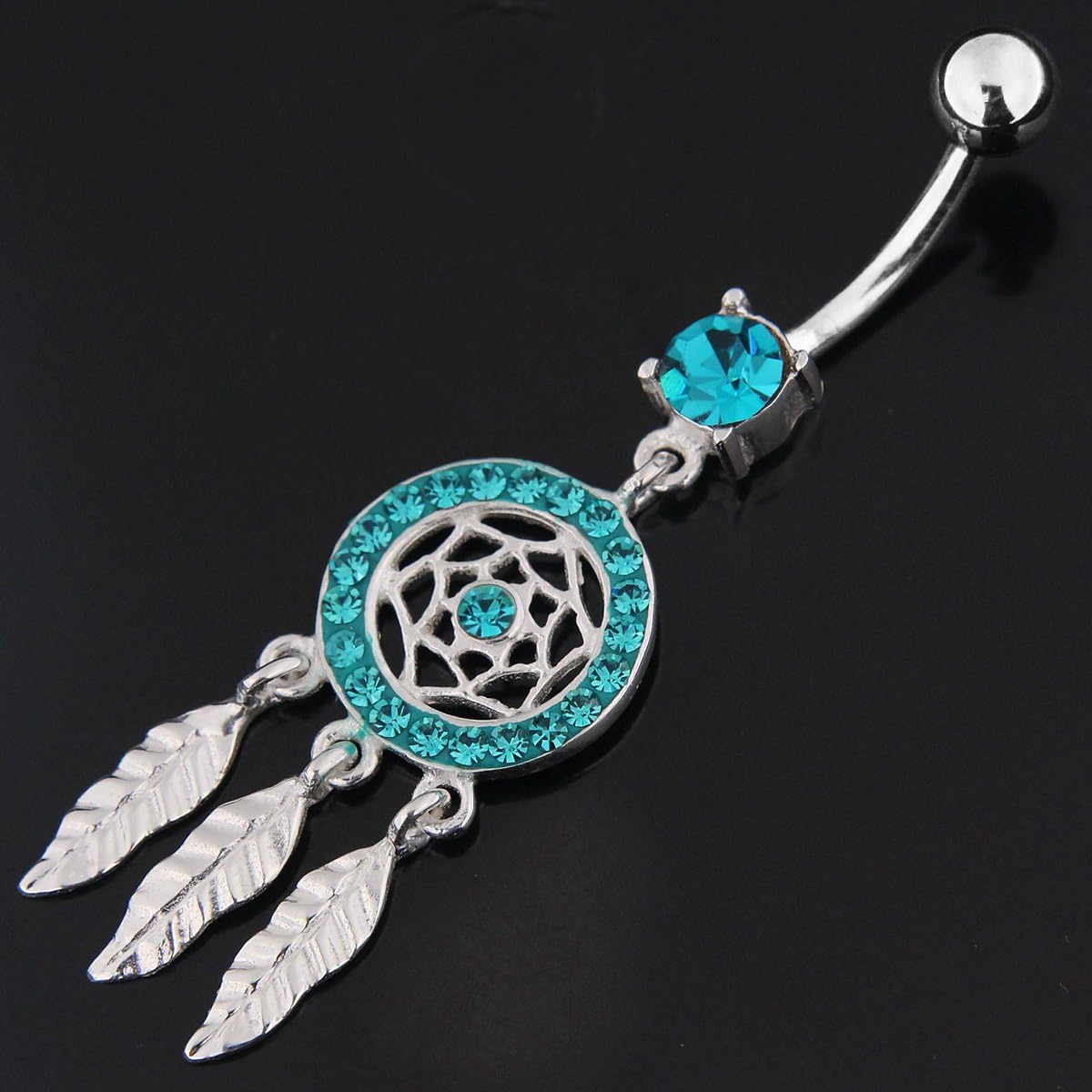 Multi Crystal Gemstones Mini Dream Catcher Dangling Design 925 Sterling Silver with Stainless Steel Belly Ring - Belly Button jewelry - Navel jewelry