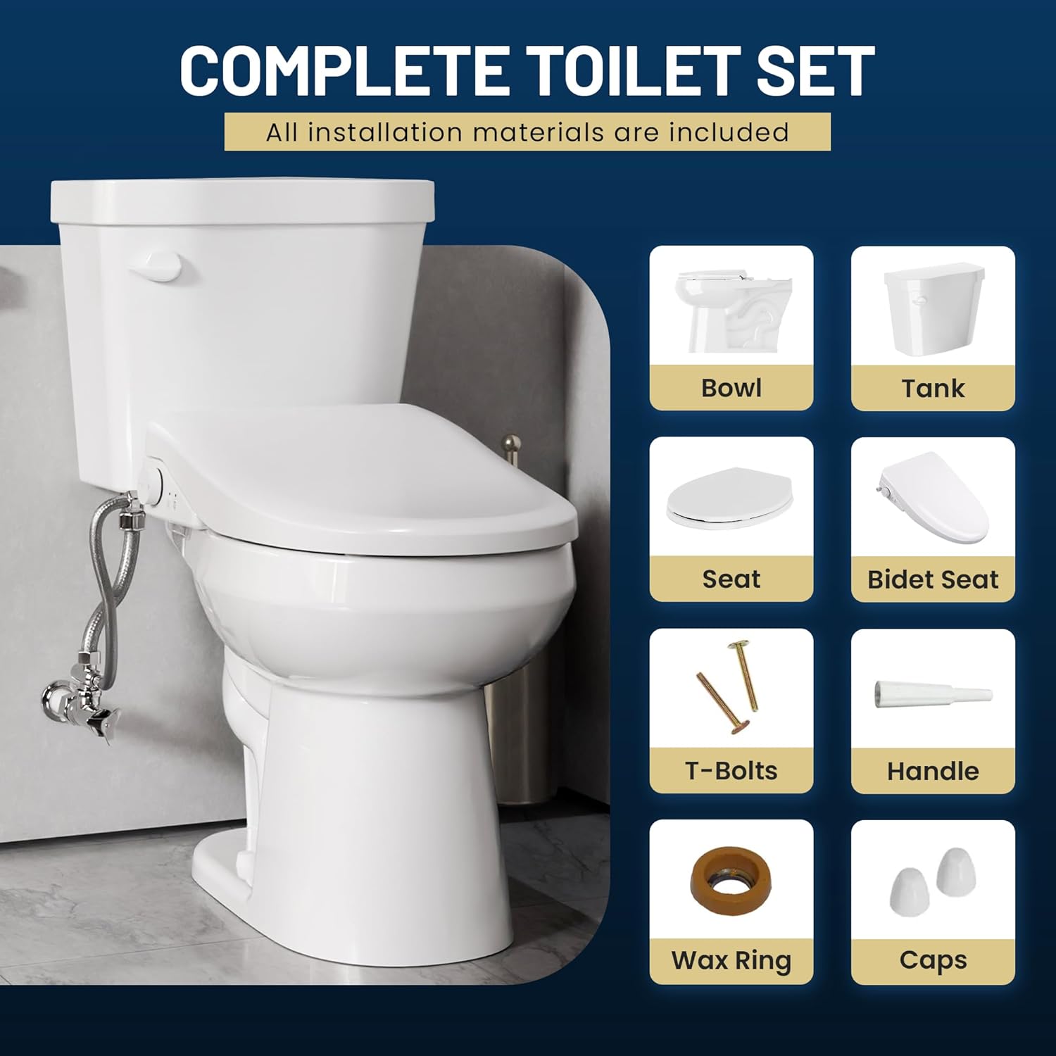 Rev Two-Piece Round Toilet and Electric Bidet Seat Combo with Auto Open| ADA Height 12" Rough-In Toilet, Heated Seat, 1.28 GPF, Customized Wash, Remote Control, 28" L x 17.5" W x 31" H - White