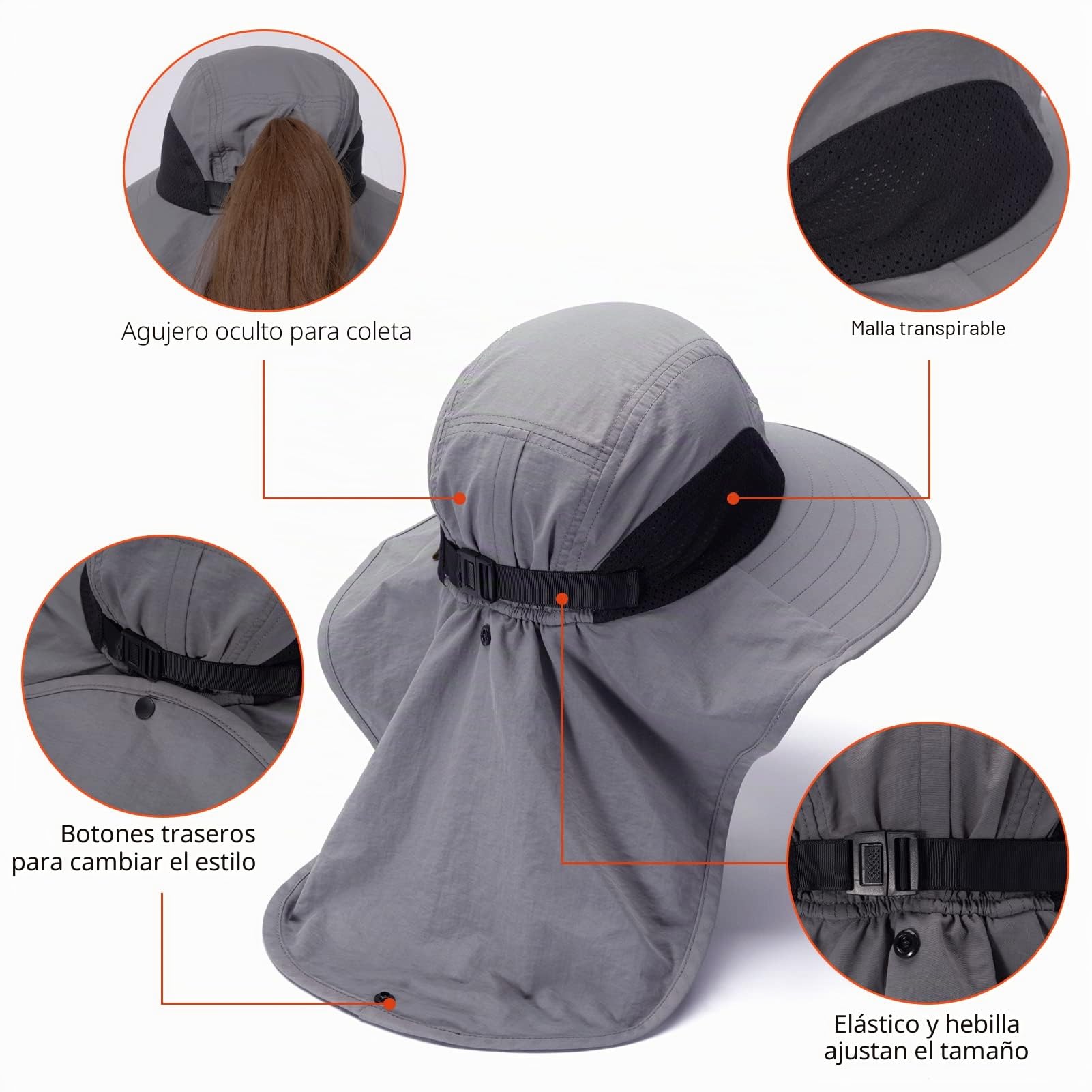 Bassdash UPF 50+ Sombrero de Sol de ala Ancha Unisex Resistente al Agua con Solapa de Cuello Grande Sombrero de Pesca de Cola de Caballo para Hombres Mujeres