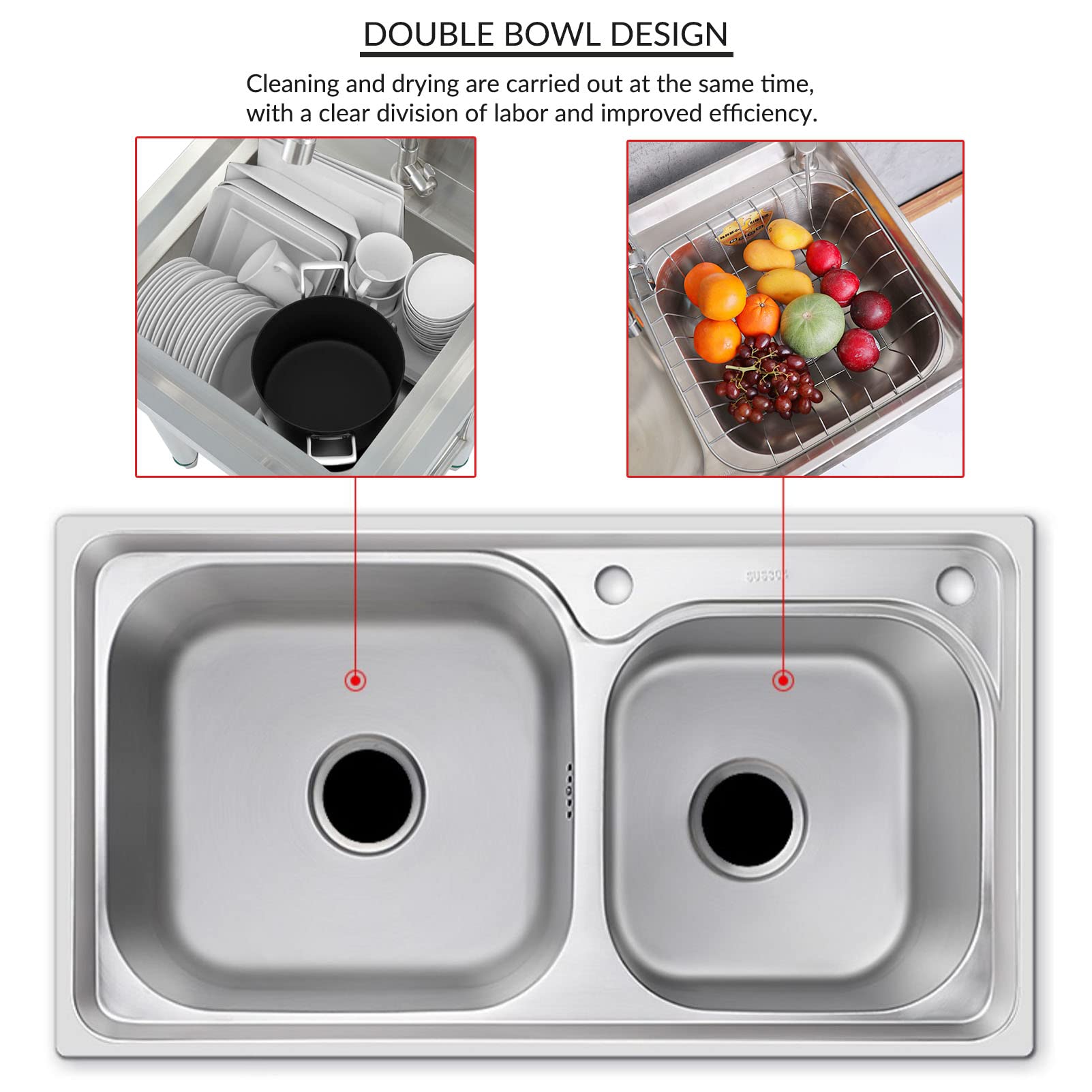 Évier Utilitaire Double cuve en Acier Inoxydable 304 avec étagère de Rangement, Robinet extérieur sur Pied pour buanderie