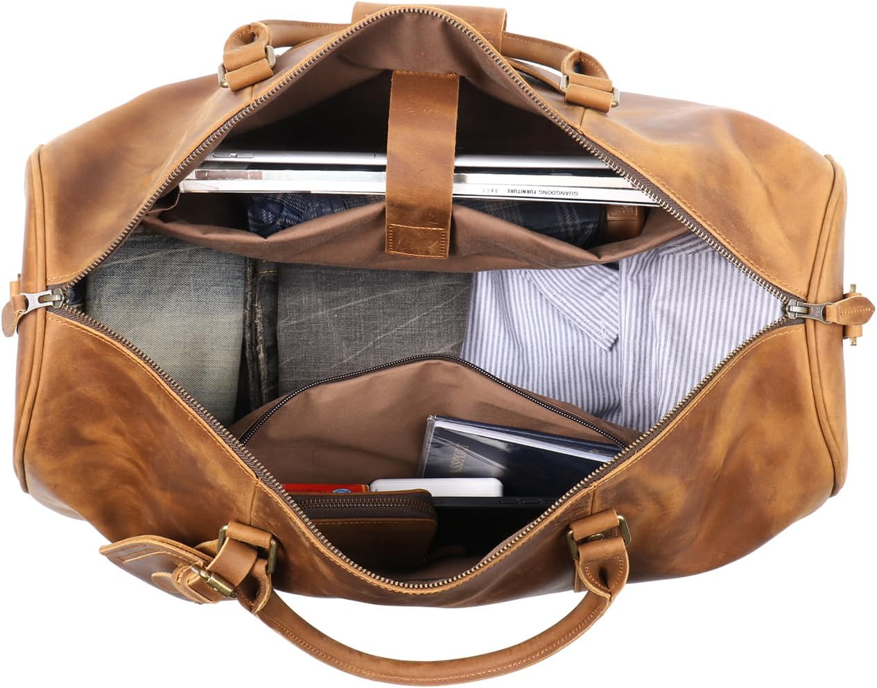 Leather Travel Duffel Bag, Classic Leather Weekend Bag Mens Gift Overnight Retro Sport Gym Carry on Luggage YKK Zipper (B Style Brown)