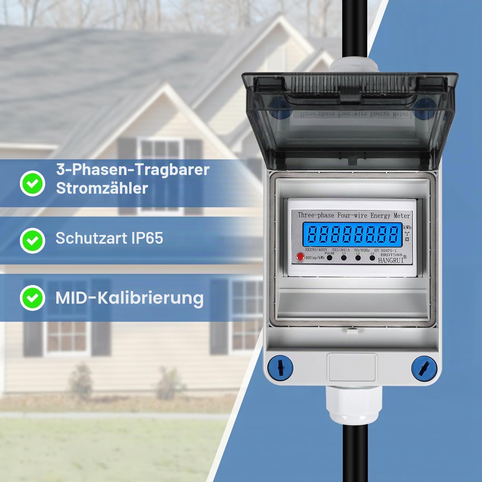 CPROSP 3 Phasen Mobiler Stromzähler 16A 400V, Digitaler Stromzähler Mit CEE Stecker und Kupplung, Drehstromzähler Mit Rückstellfunktion, 3m Kabel, für Wohnwagen, Elektrofahrzeuge, Camping, IP65