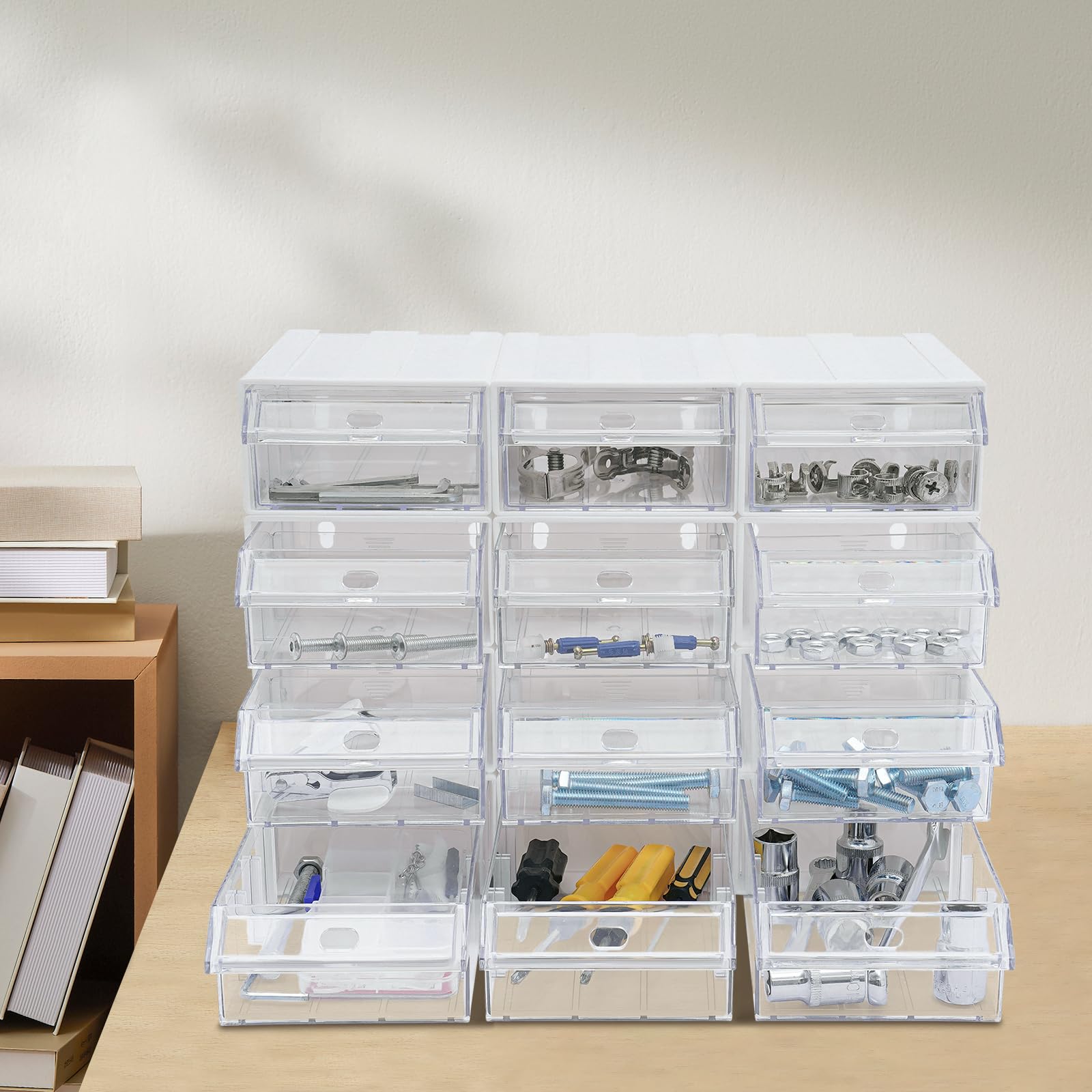 Scatola per bricolage con 12 cassetti, impilabile, trasparente e bianco, mini rimovibile, con graziosi design per cancelleria e accessori