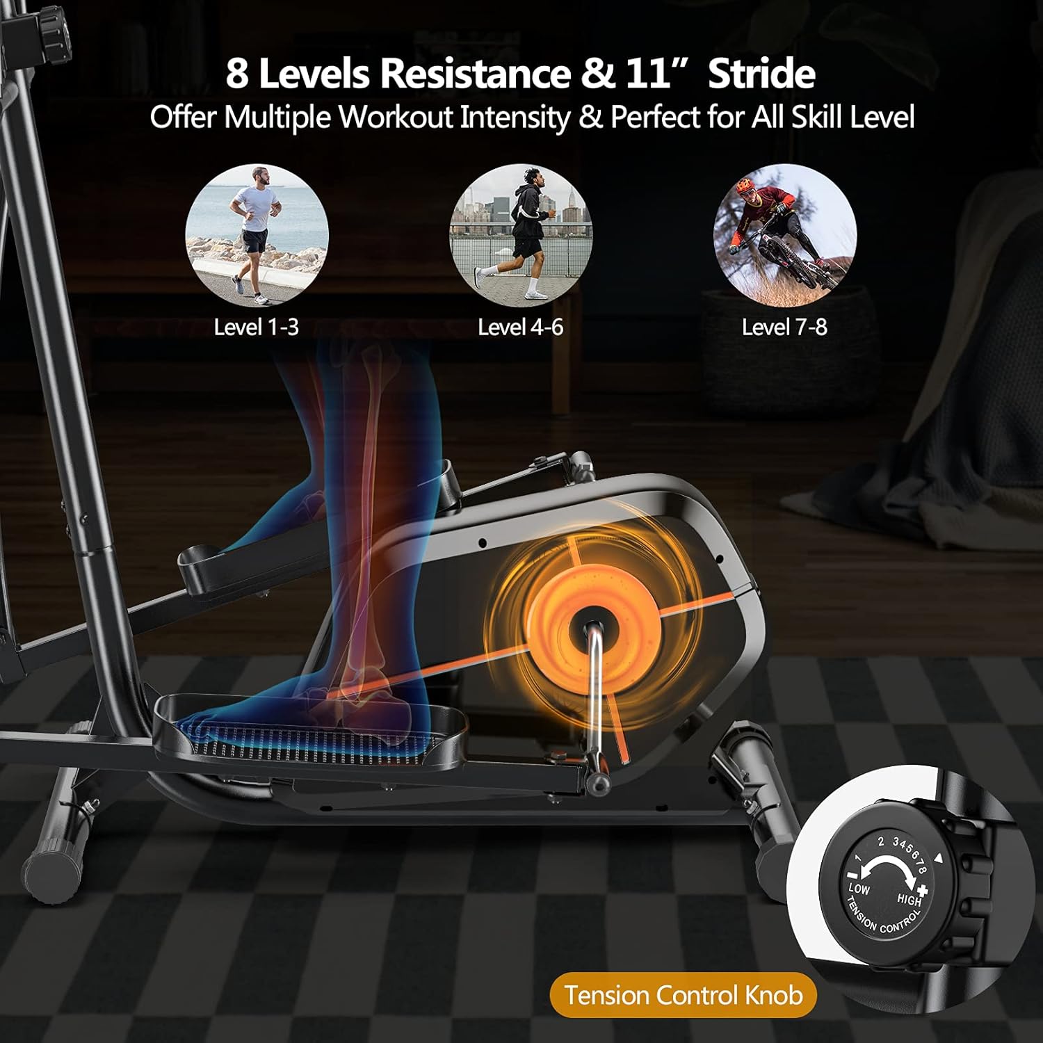 Diagram showing the 8 levels of resistance and the tension control knob on the GYMAX elliptical machine.