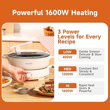 Joydeem 6.3qt Electric Hot Pot with Divider & Grill Plate, Dual-Flavor Shabu Shabu Pot, Multi-Function Hot Pot for Boil, Grill, Fry & Stew, 3 Power Settings, Detachable Nonstick Ceramic Pot