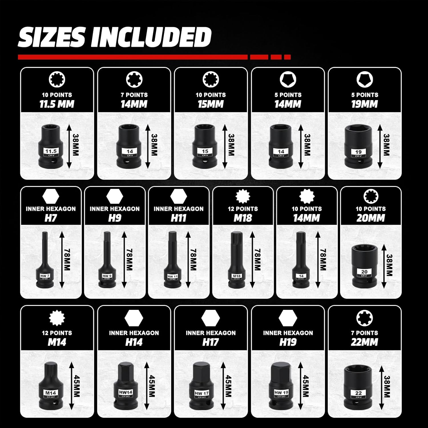AIRTOON 16-Piece Impact Brake Caliper Socket Set, 1/2" Square Drive Brake Caliper Tool Compatible with Audi Porsche VW BMW Ford, With Storage Case