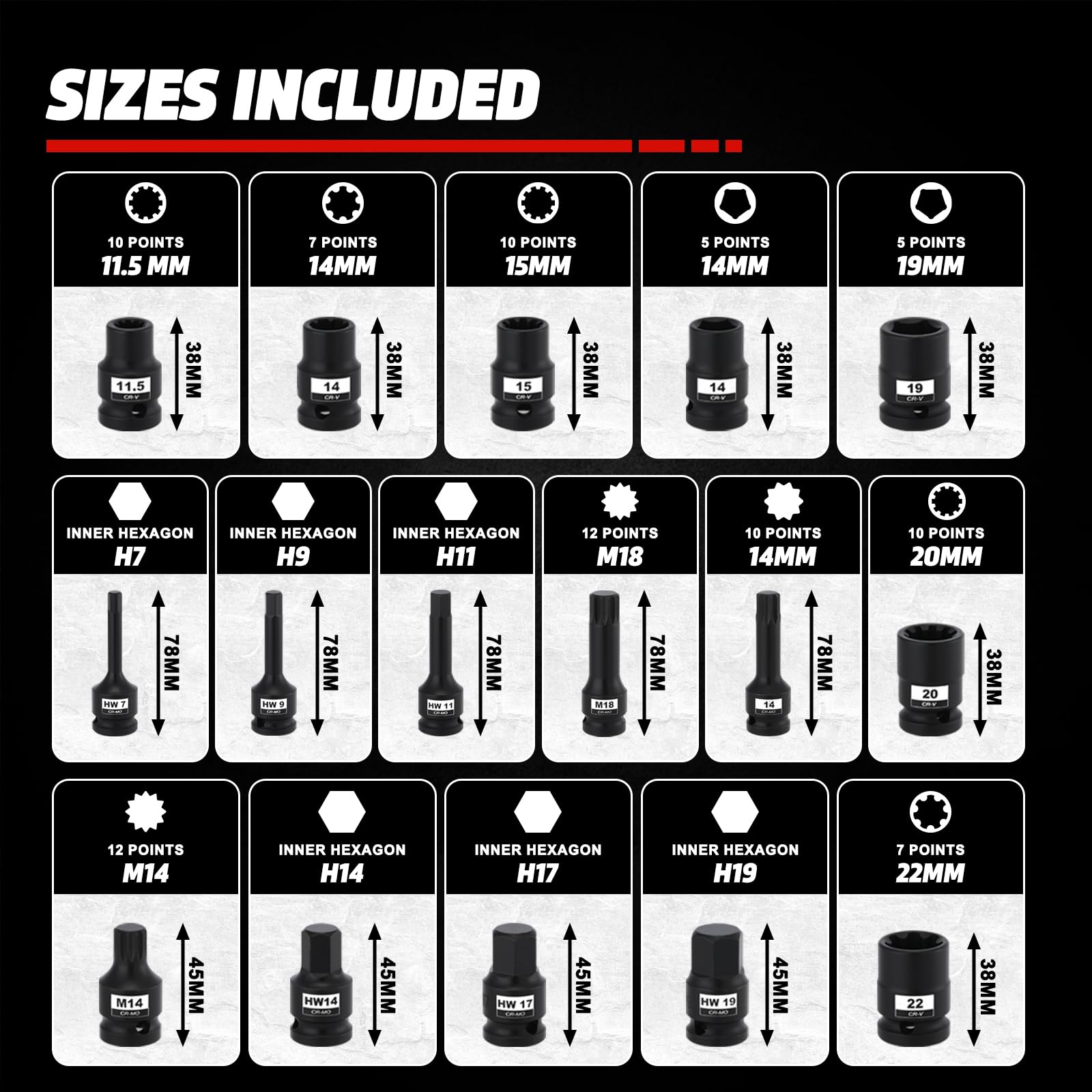 AIRTOON 16-Piece Impact Brake Caliper Socket Set, 1/2