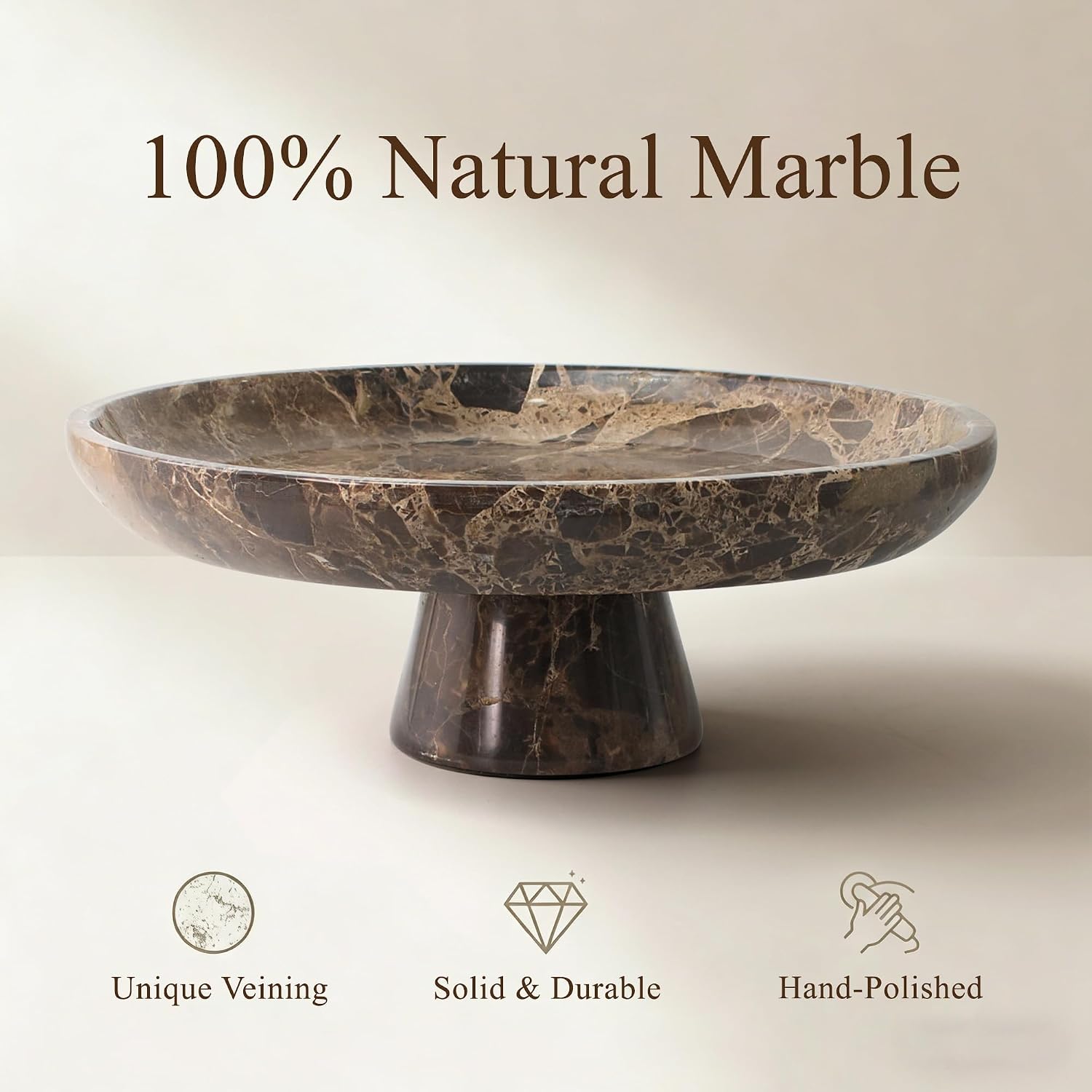 YMXYJM Natural Marble Fruit Bowl for Kitchen Counter 10.2", Large Decorative Bowl Pedestal for Home Decor, Fruits Holder For Dining Table, Brown
