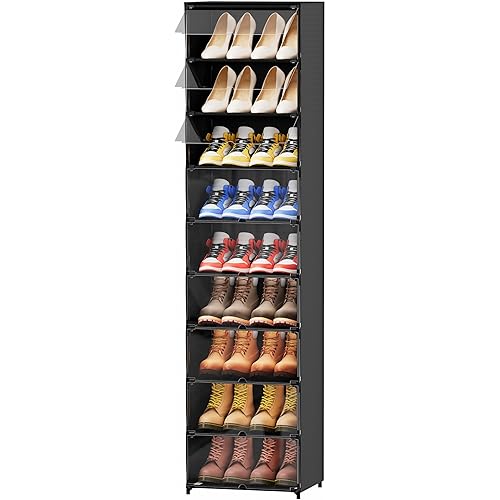 FIDUCIAL HOME 9 Tiers Tall Narrow Shoe Storage Cabinet for Entryway 18 Pairs High Top Shoe Cubby Container Bin with Clear Lid，Fit Size 12