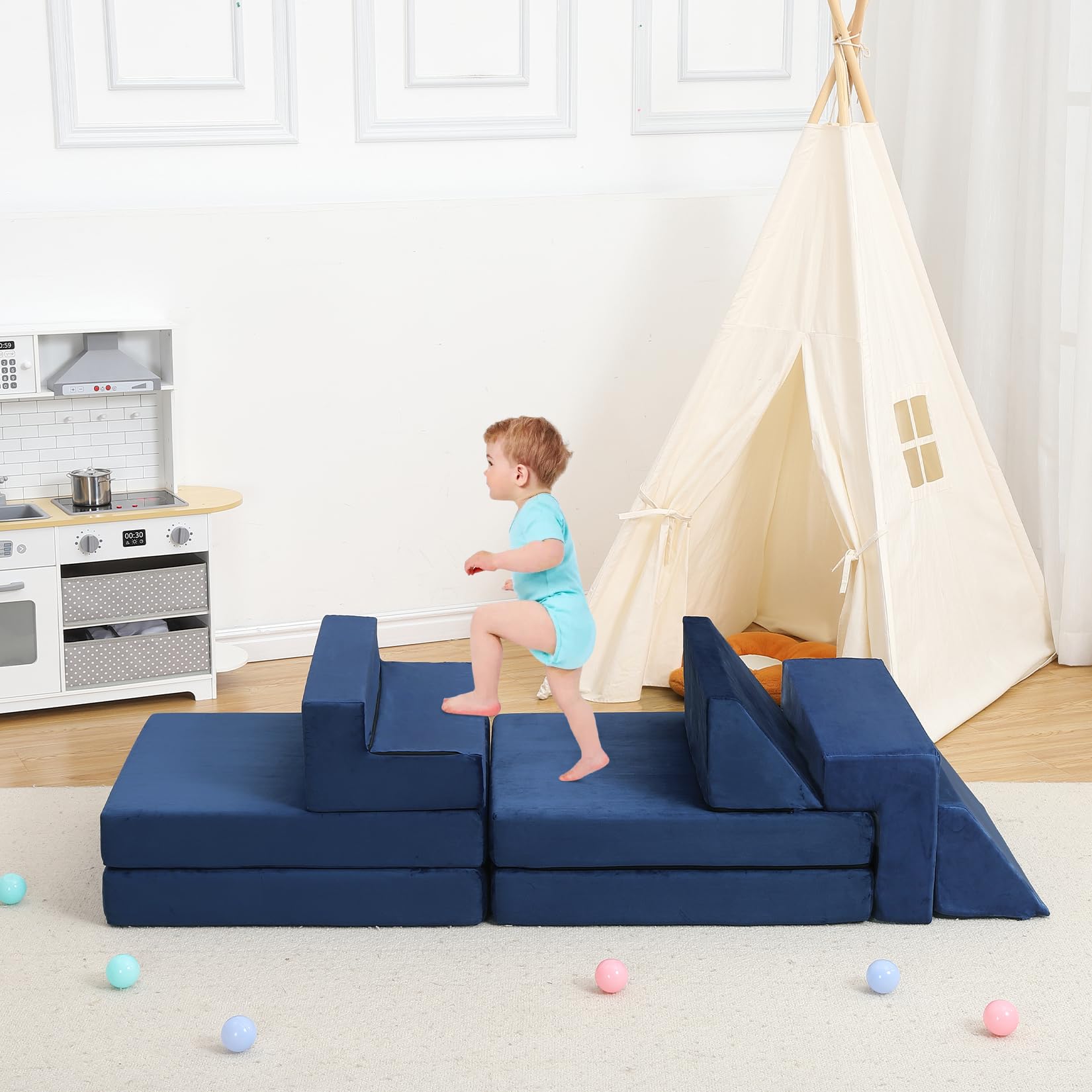 GarveeHome Modulares 8-teiliges Kindersofa-Set – Hochdichter Schaumstoff, wandelbares Polstermöbel – Abnehmbare Bezüge, langlebig & stilvoll für Jungen & Mädchen, Kinderzimmer, Dunkelblau