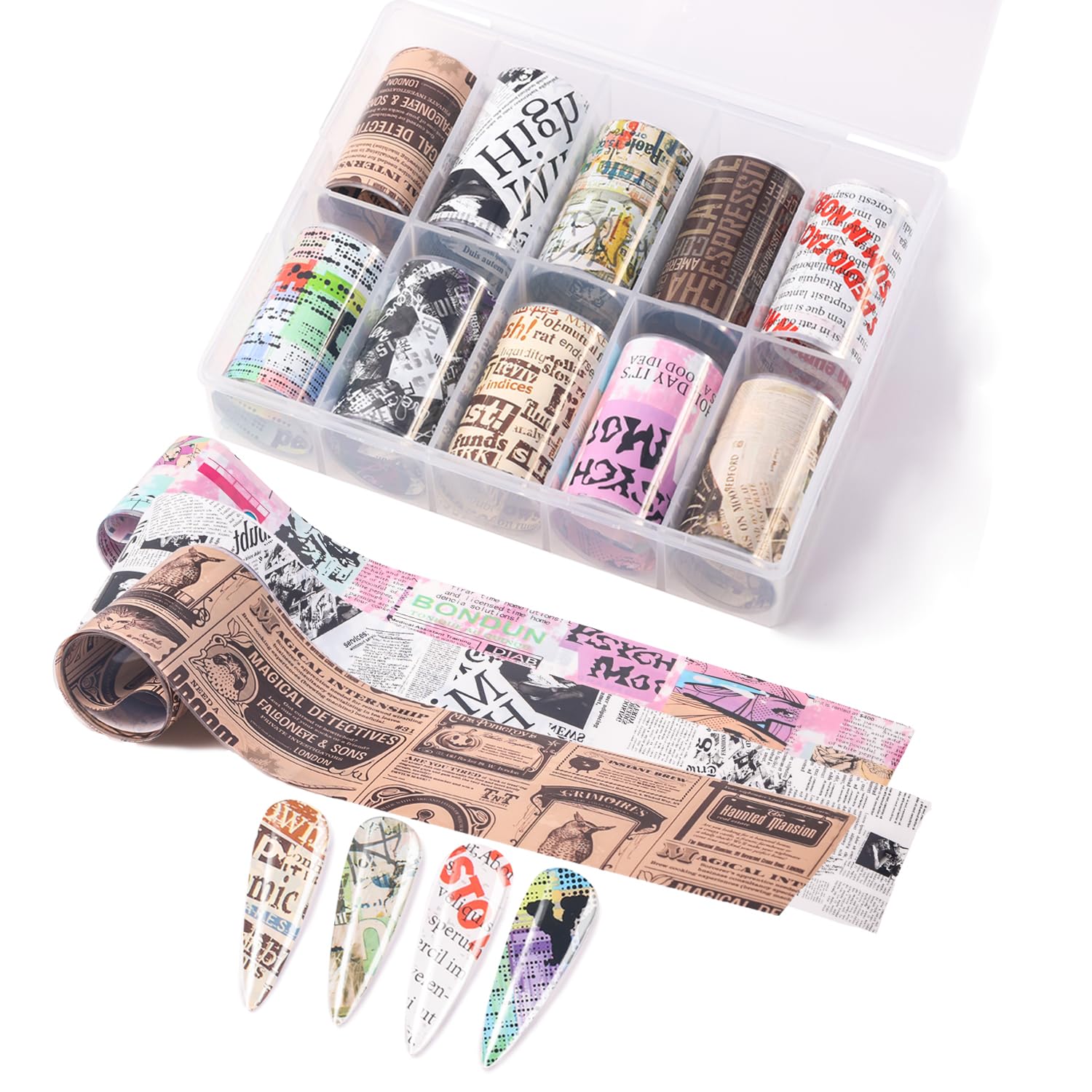 Newspaper Print Nail Art Foils Transfer Stickers 10Pcs Newspaper Print Nail Foils Adhesive Decals Nail Art Supplies Laser Starry Sky Paper Manicure Accessories for Women Fall Nail Art Decorations